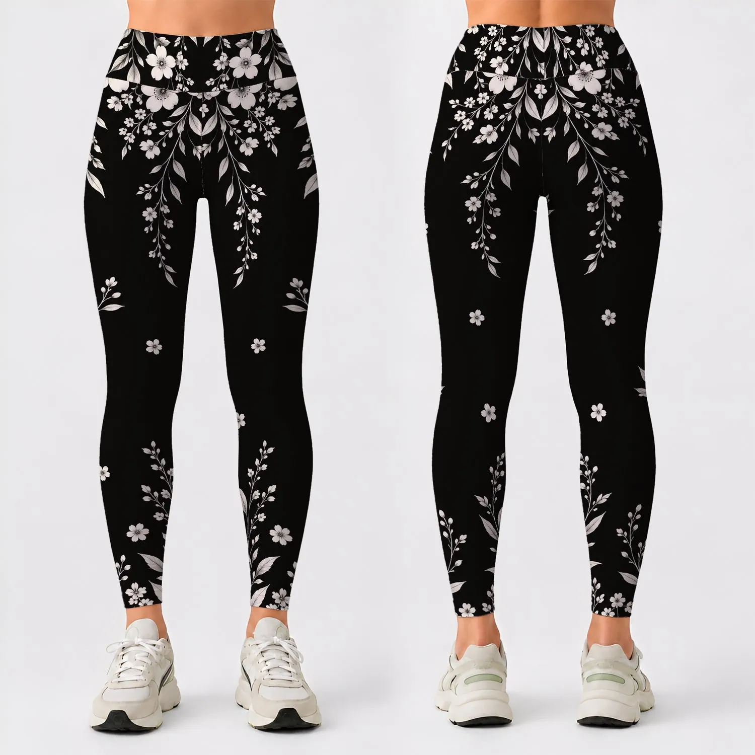 Black And Ivory Botanical Flowers For Elegant Everyday Style And Chic Wardrobe Looks Leggings - 1