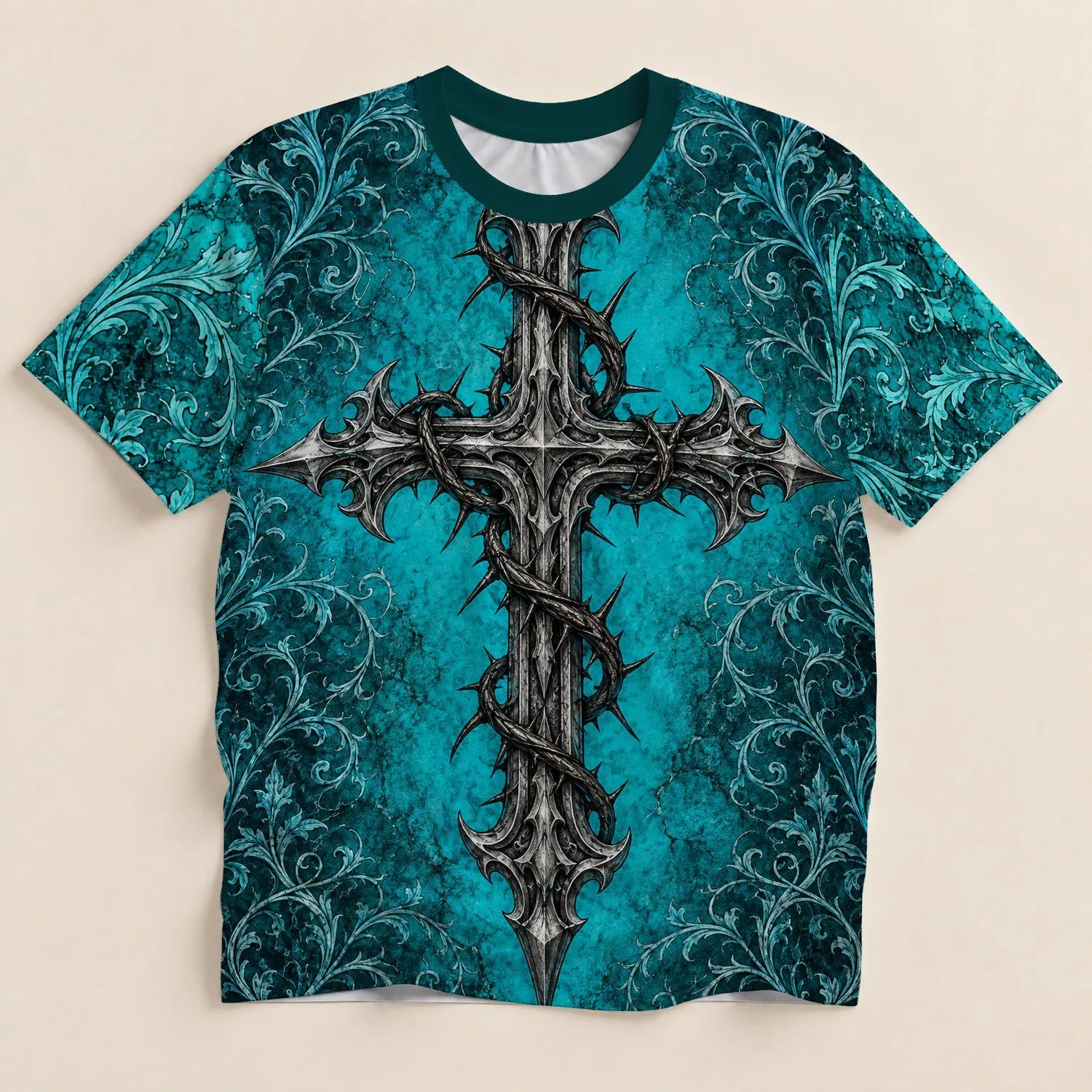 Gothic Thorn Cross in Turquoise for Alternative Nightlife and Dark Street Style All-over Print Unisex T-shirt - 1