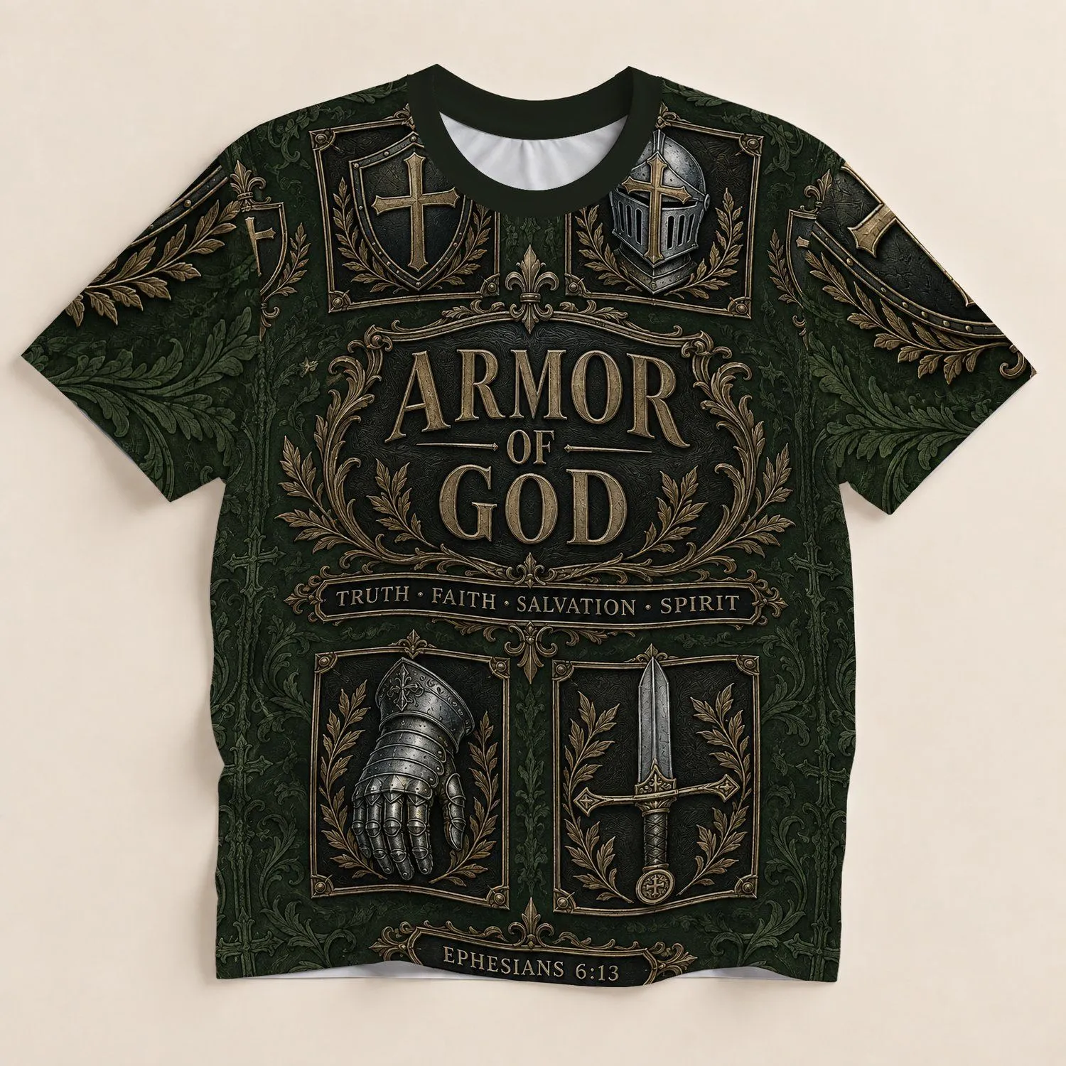Armor of God Faith Warrior Emblems for Church Fellowship and Everyday Devotion All-over Print Unisex T-shirt - 1