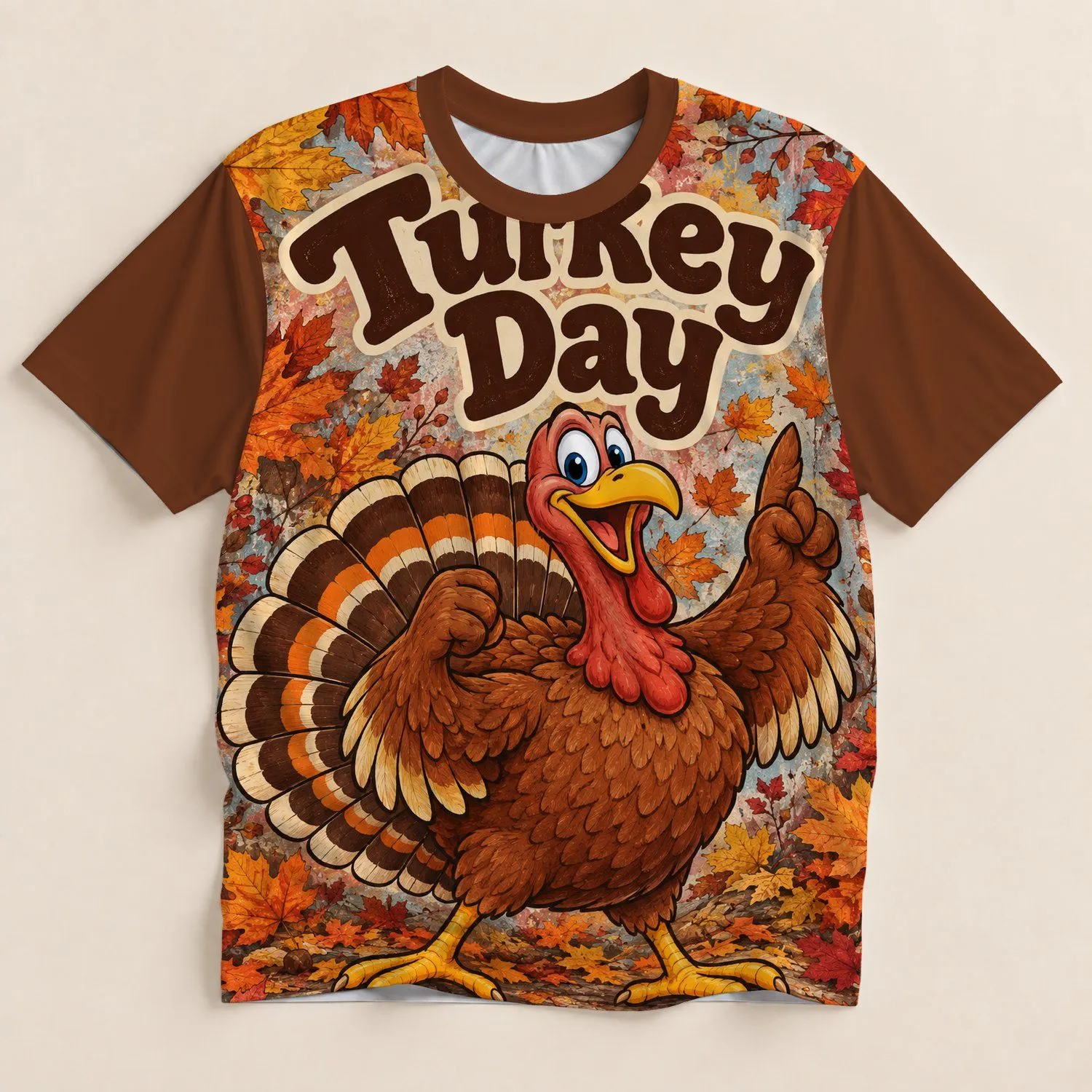 Cartoon Turkey And Autumn Leaves For Thanksgiving Gatherings And Fall Celebrations All-over Print Unisex T-shirt - 1