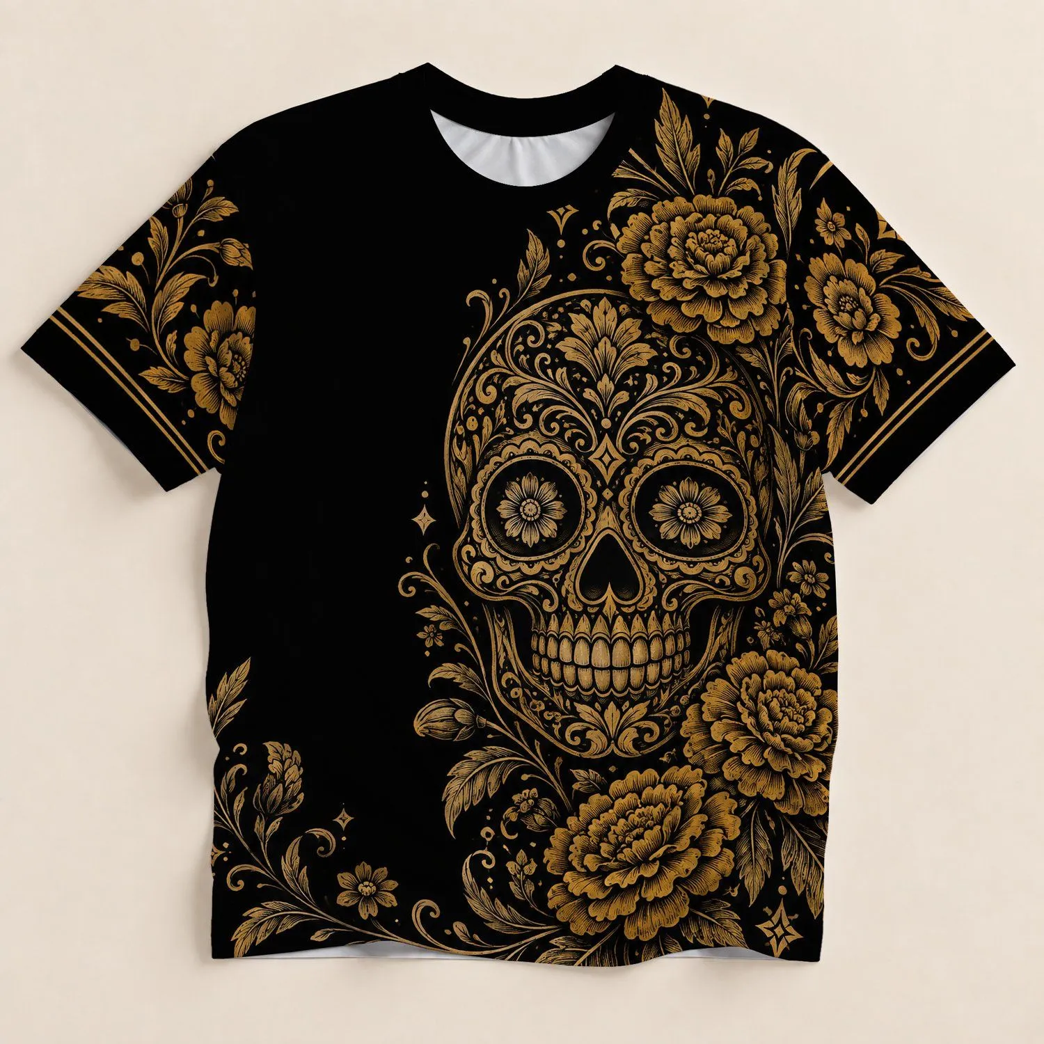 Golden Floral Sugar Skull for Day of the Dead Celebrations and Gothic Style All-over Print Unisex T-shirt - 1