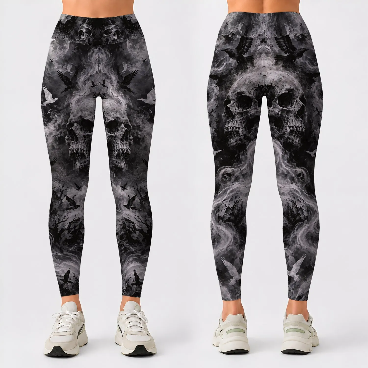 Monochrome Skull And Raven Motifs For Alternative Streetwear And Halloween Night Style Leggings - 1