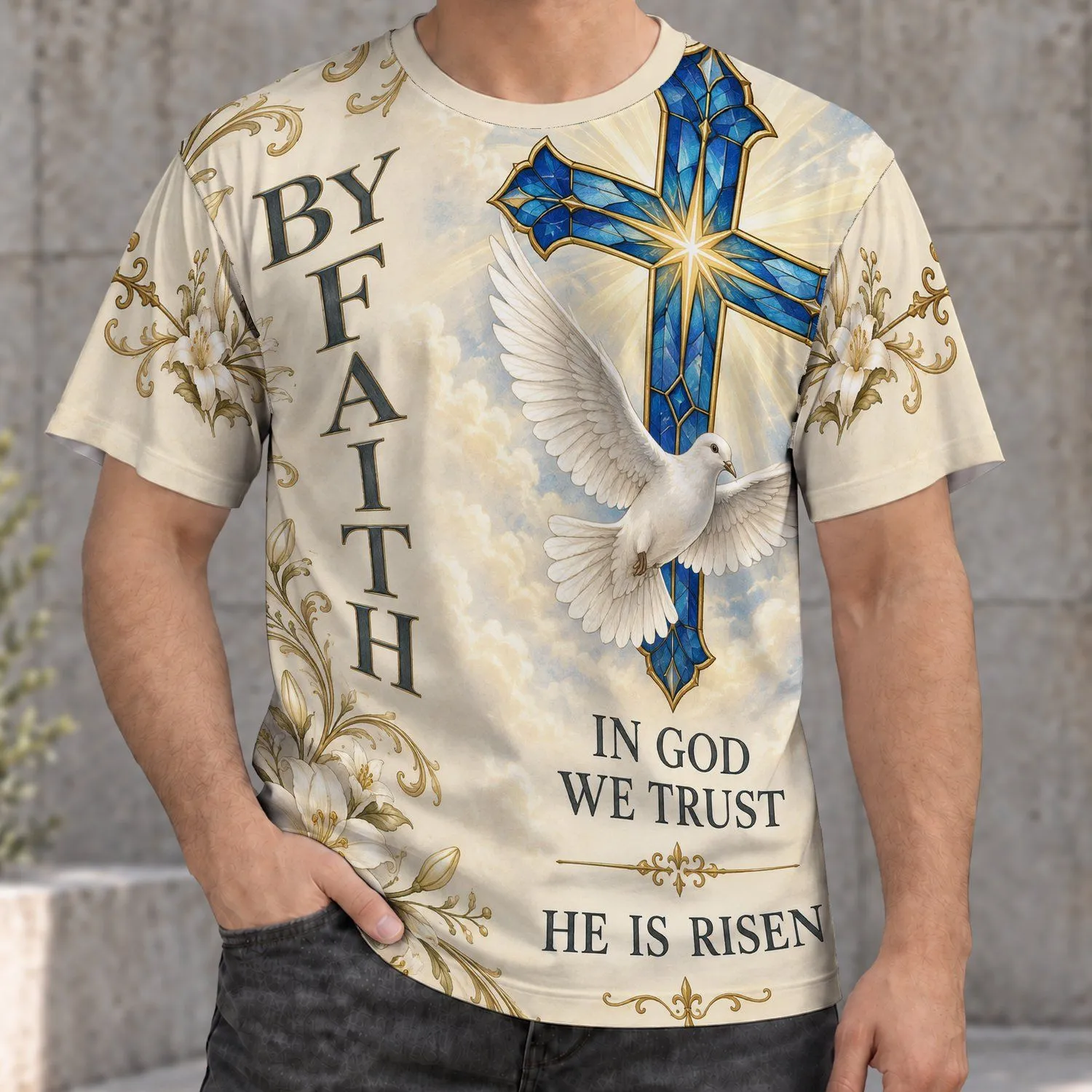 Stained Glass Cross And White Dove For Easter Worship And Everyday Christian Faith All-over Print Unisex T-shirt - 1