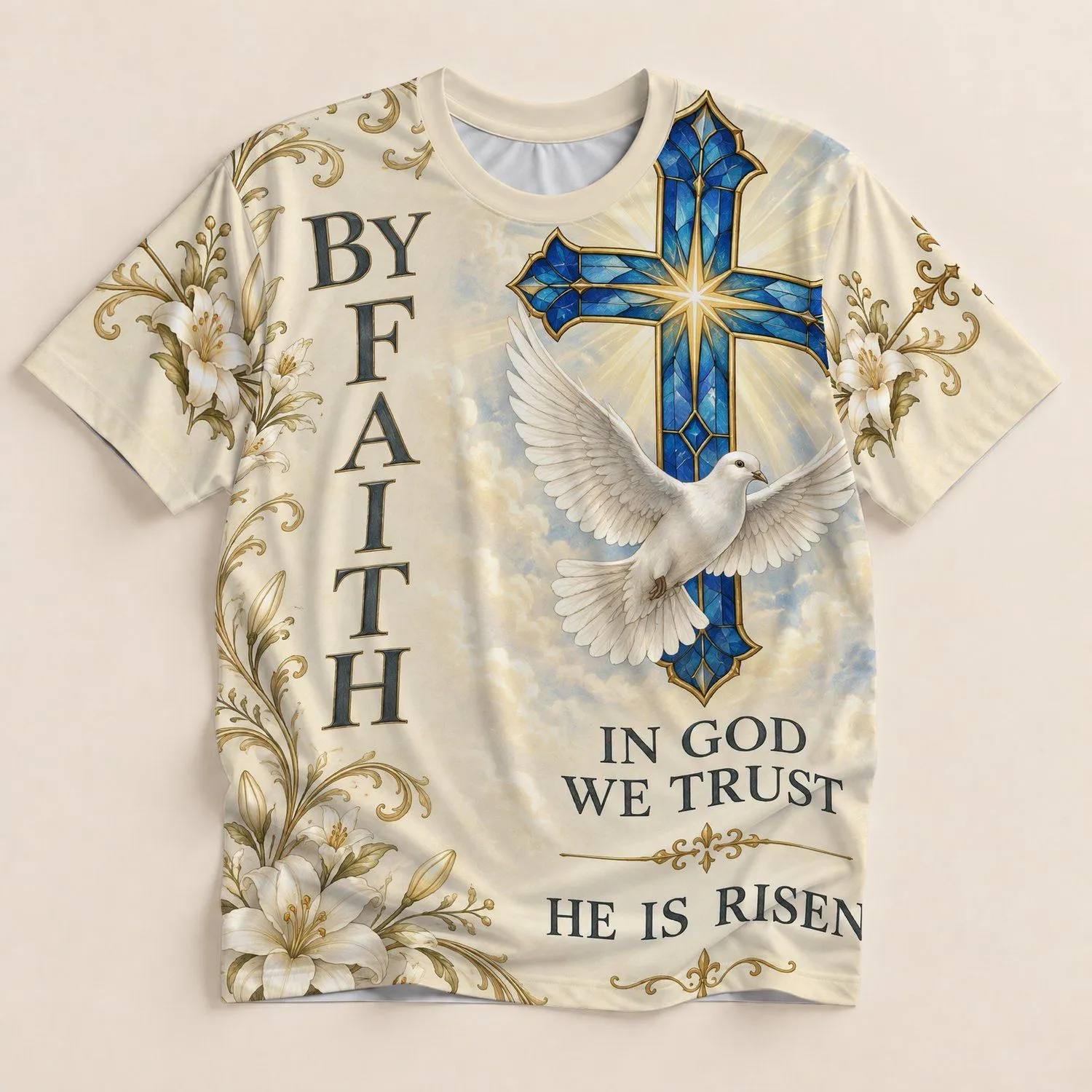 Stained Glass Cross And White Dove For Easter Worship And Everyday Christian Faith All-over Print Unisex T-shirt - 1