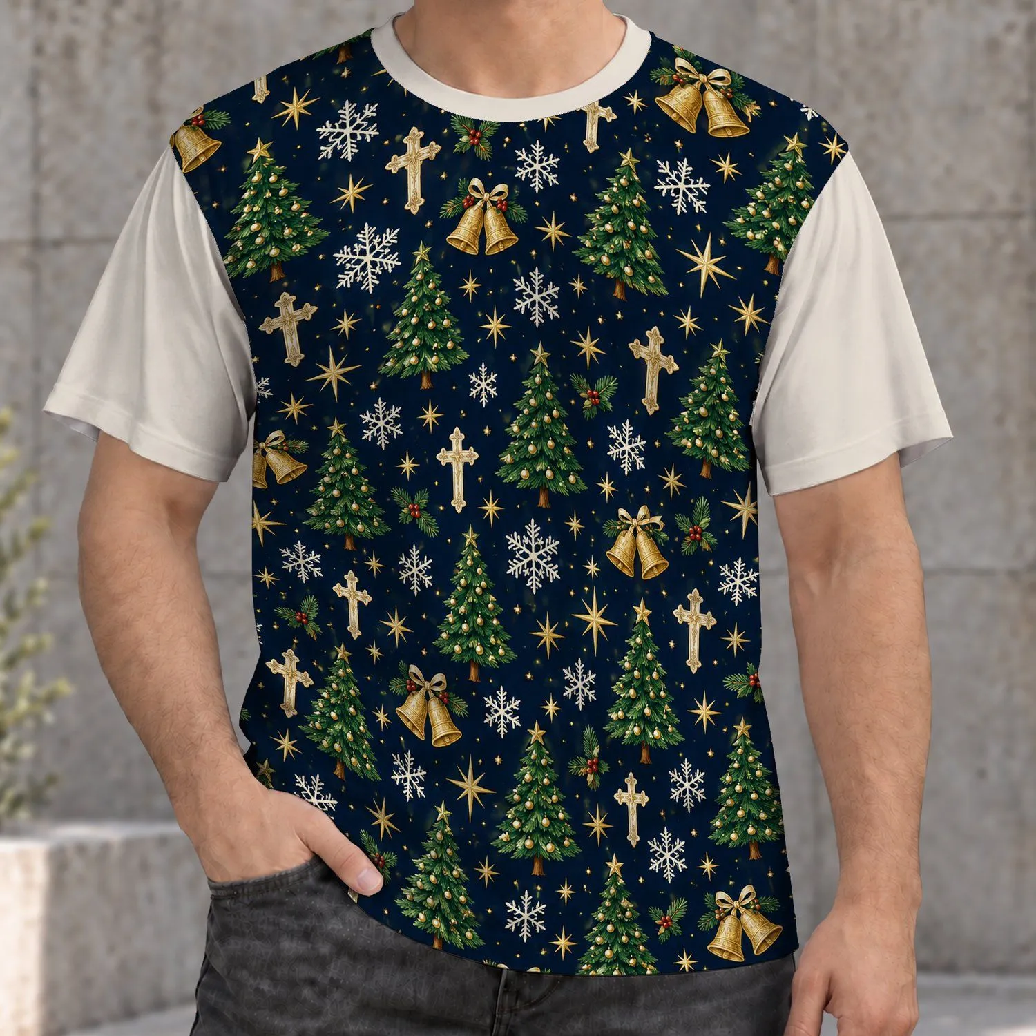 Navy Christmas Trees, Bells and Snowflakes for Festive Holiday Celebrations and Parties All-over Print Unisex T-shirt - 1