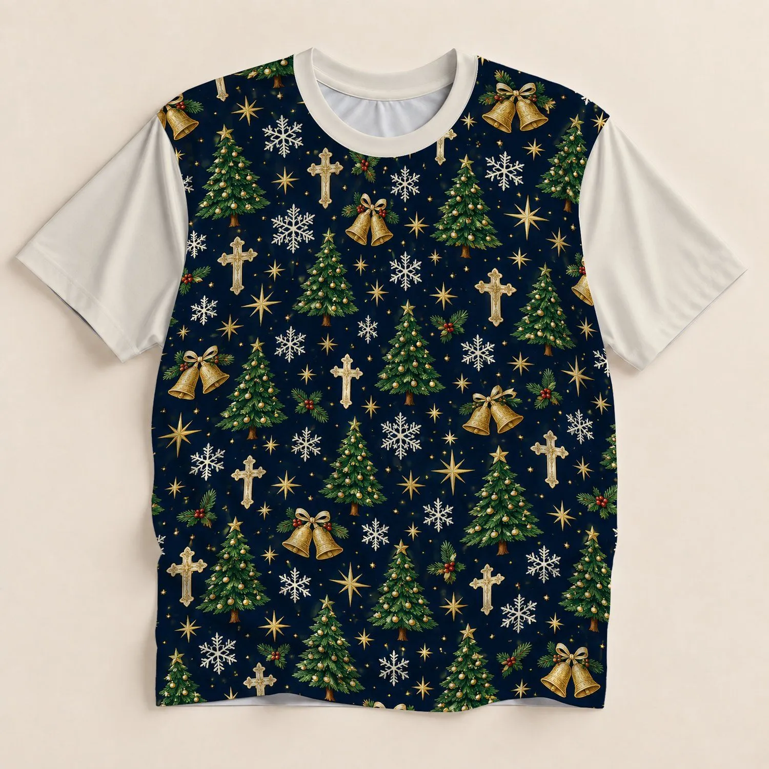 Navy Christmas Trees, Bells and Snowflakes for Festive Holiday Celebrations and Parties All-over Print Unisex T-shirt - 1
