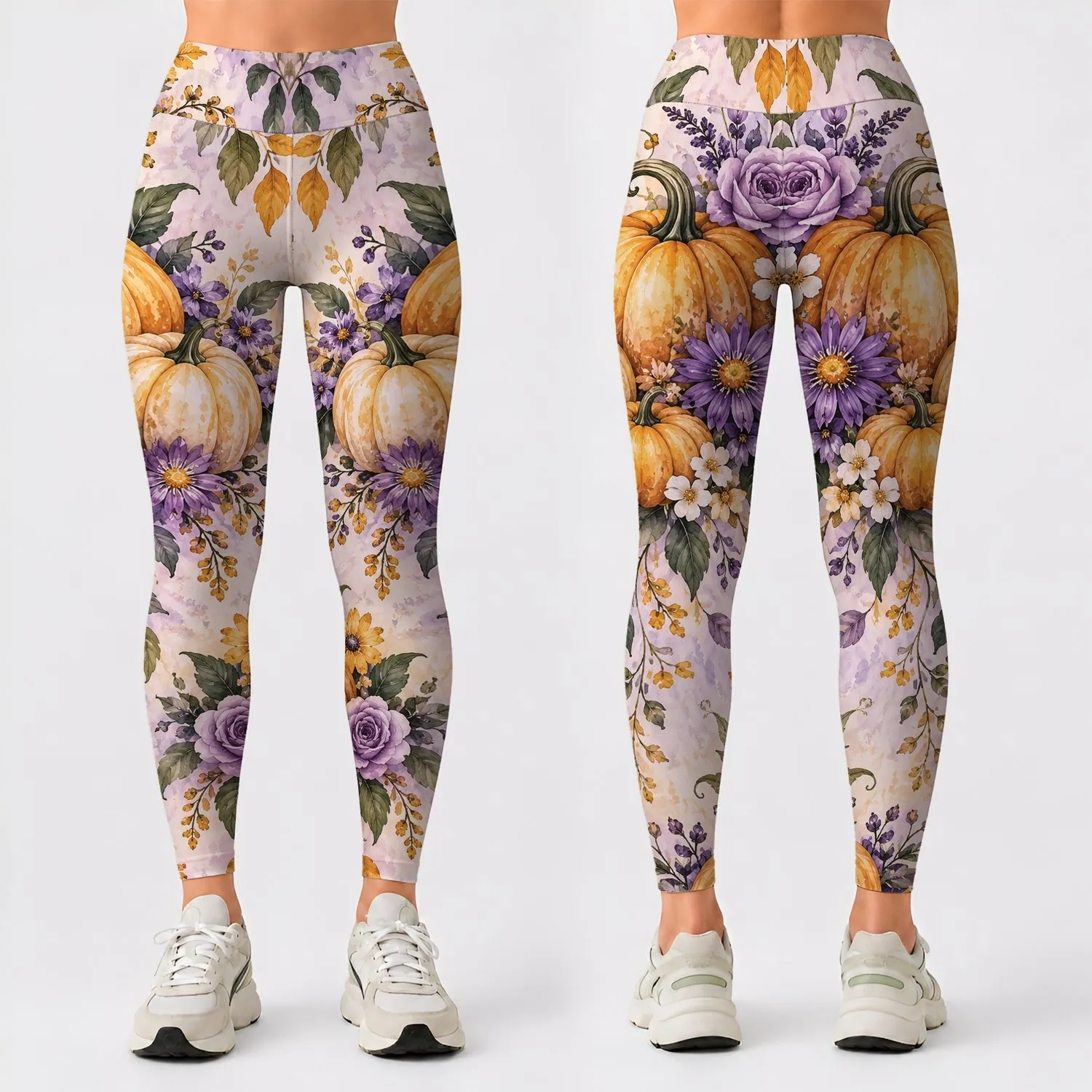Watercolor Pumpkins And Wildflowers For Cozy Autumn Outings And Everyday Fall Style Leggings - 1