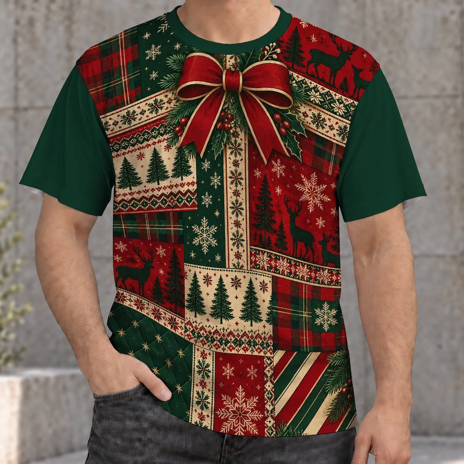 Red Green Holiday Patchwork with Bow and Reindeer for Christmas Party Style All-over Print Unisex T-shirt - 1
