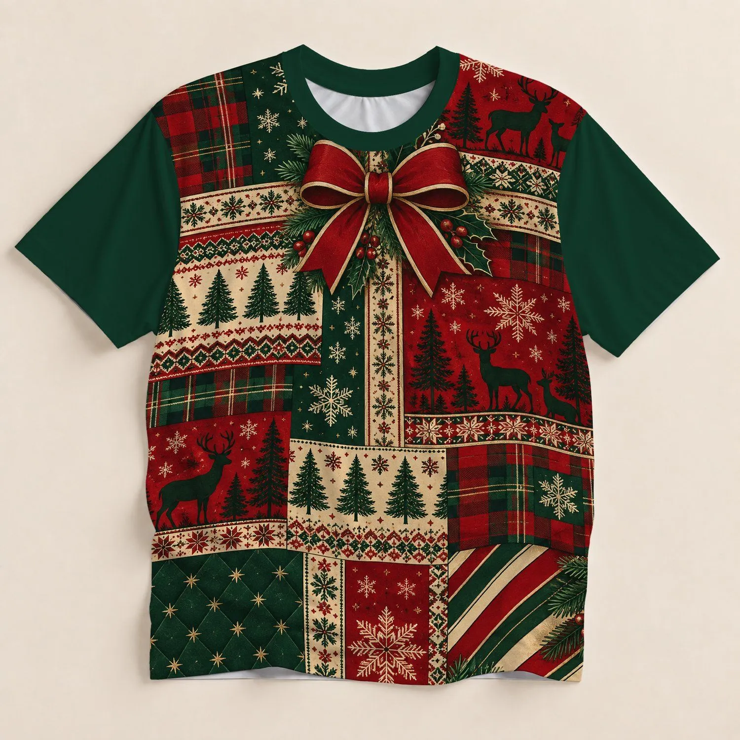 Red Green Holiday Patchwork with Bow and Reindeer for Christmas Party Style All-over Print Unisex T-shirt - 1