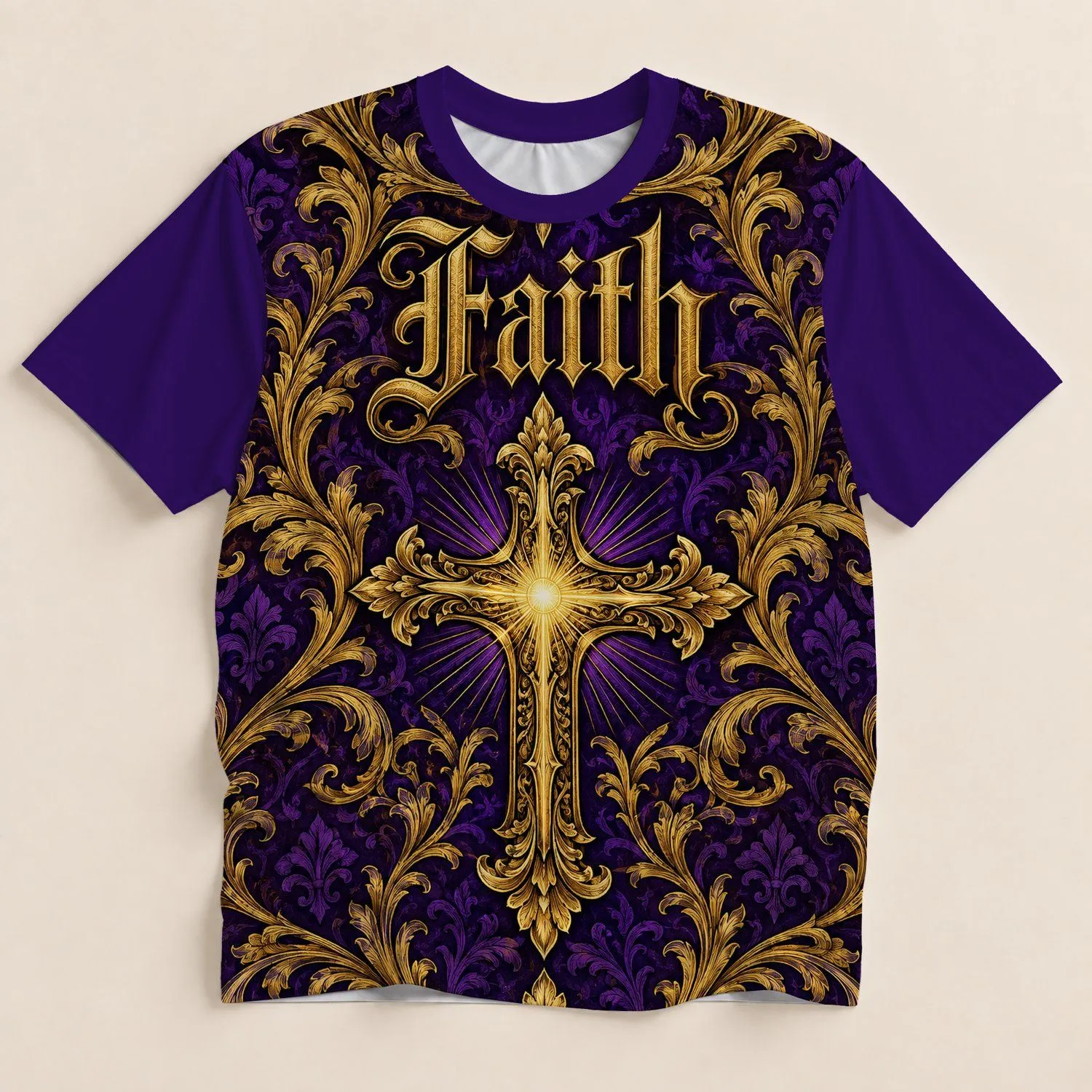Purple Golden Cross Faith and Baroque Scrollwork for Worship and Christian Devotion All-over Print Unisex T-shirt - 1