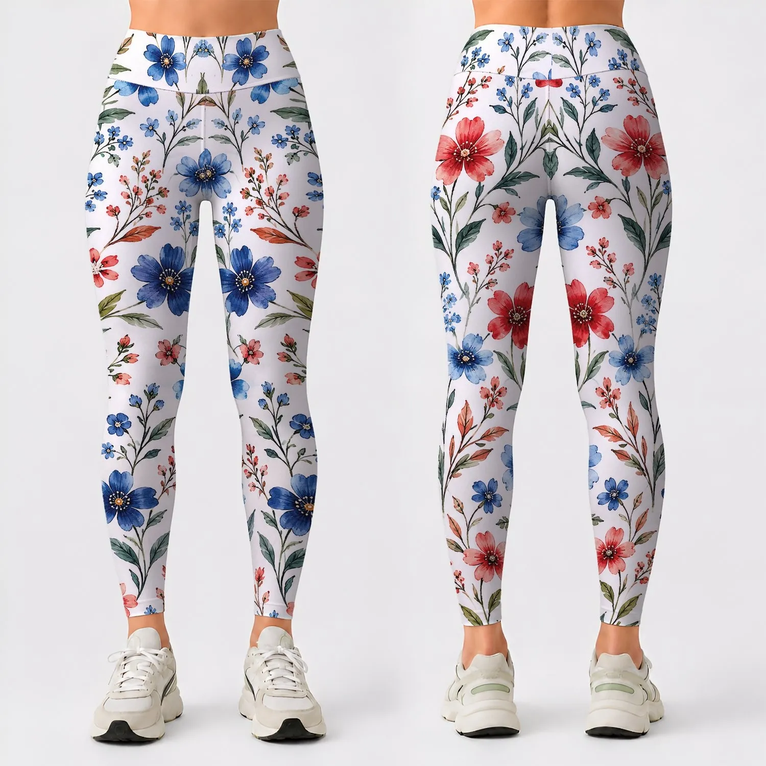 Red Blue Wildflowers on Ivory for Breezy Beach Days and Fresh Summer Outings for Her Leggings - 1