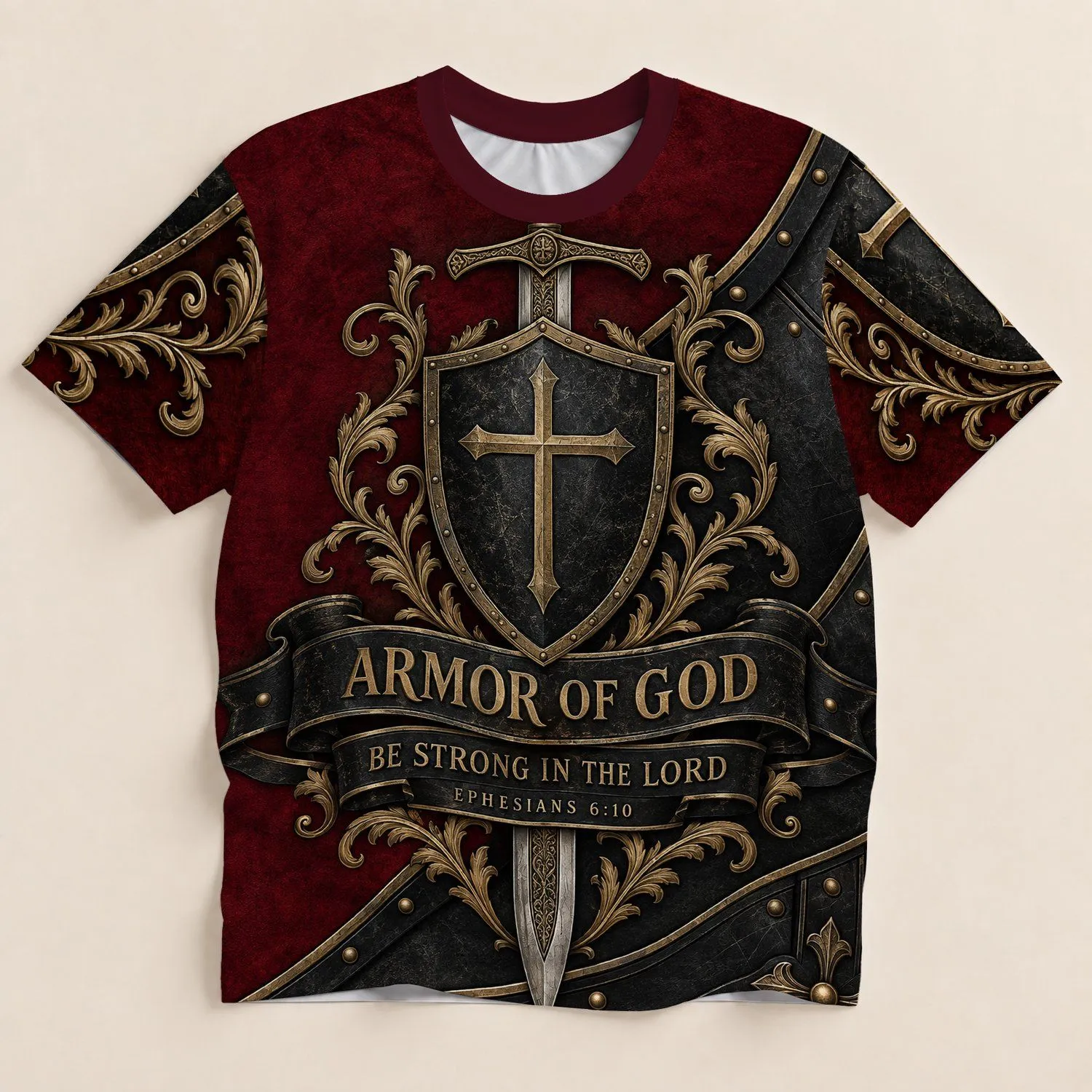 Burgundy Christian Armor Of God Shield And Sword For Church And Bible Study Fellowship All-over Print Unisex T-shirt - 1