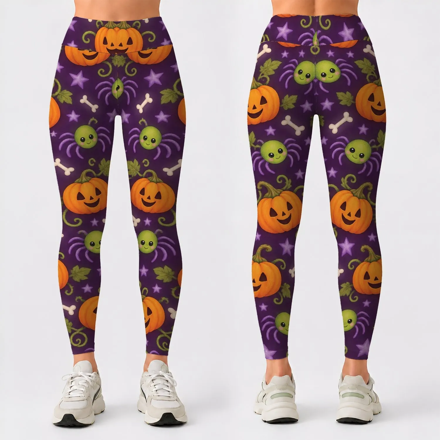 Cute Pumpkin Spider Bones and Stars for Playful Halloween Season Style Leggings - 1