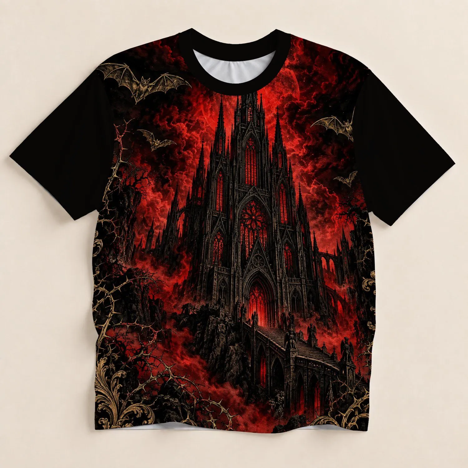 Gothic Cathedral And Bats For Dark Nightlife, Concerts And Alternative Style Wardrobe All-over Print Unisex T-shirt - 1