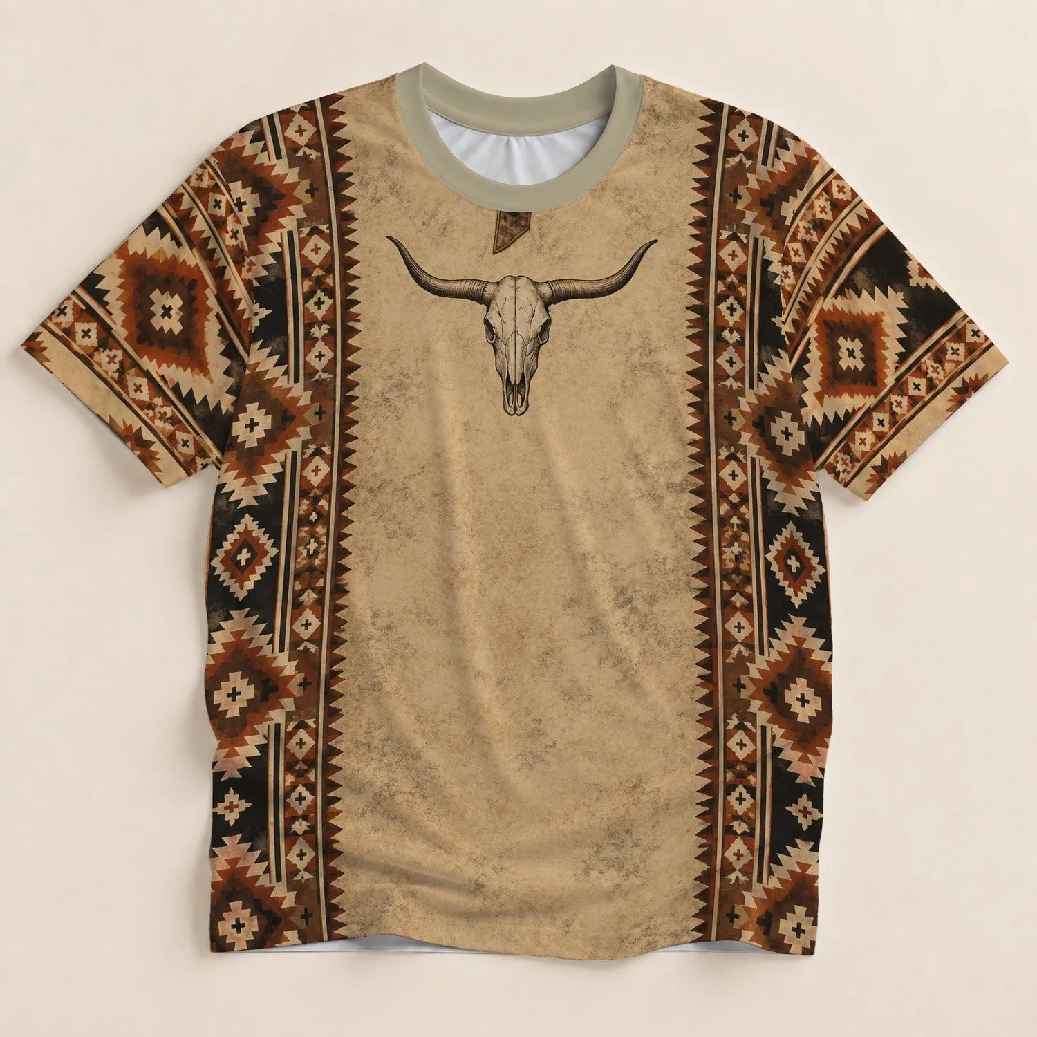 Southwestern Longhorn Skull And Geometric Bands For Western Ranch Weekends All-over Print Unisex T-shirt - 1