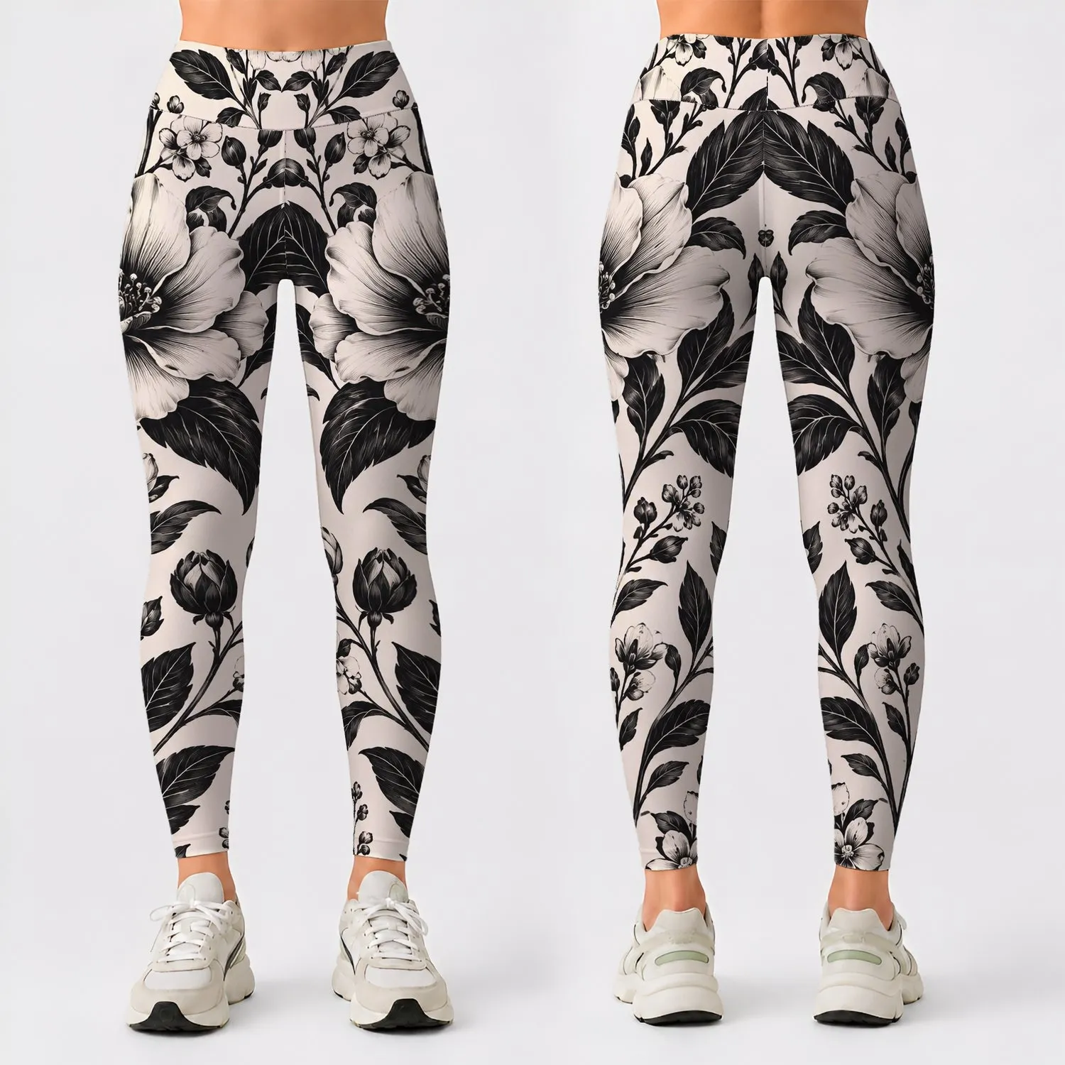 Black Botanical Blooms for Everyday Outings and Relaxed Commuting Leggings - 1