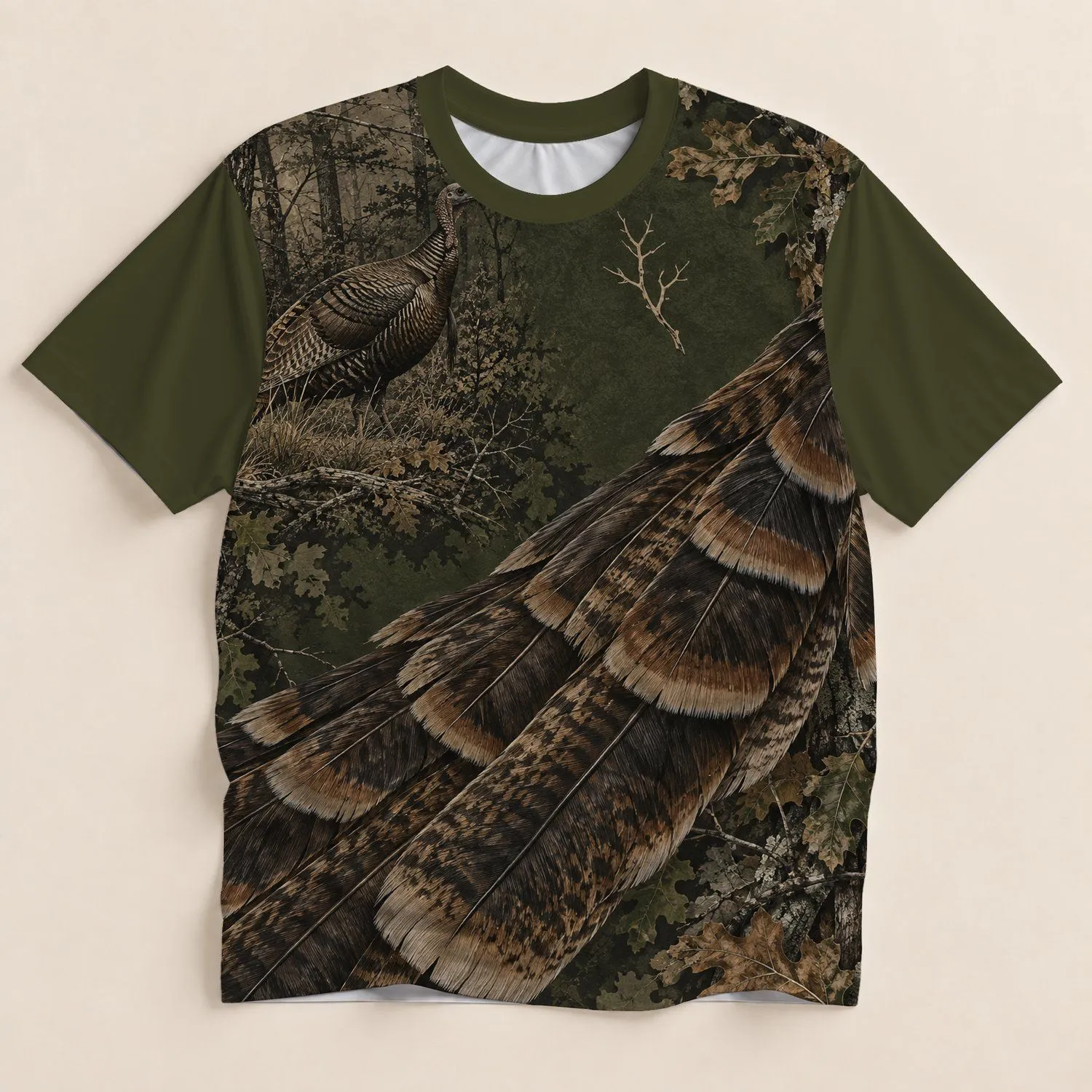 Turkey Feather And Woodland Camo For Hunting Season And Outdoor Adventure All-over Print Unisex T-shirt - 1