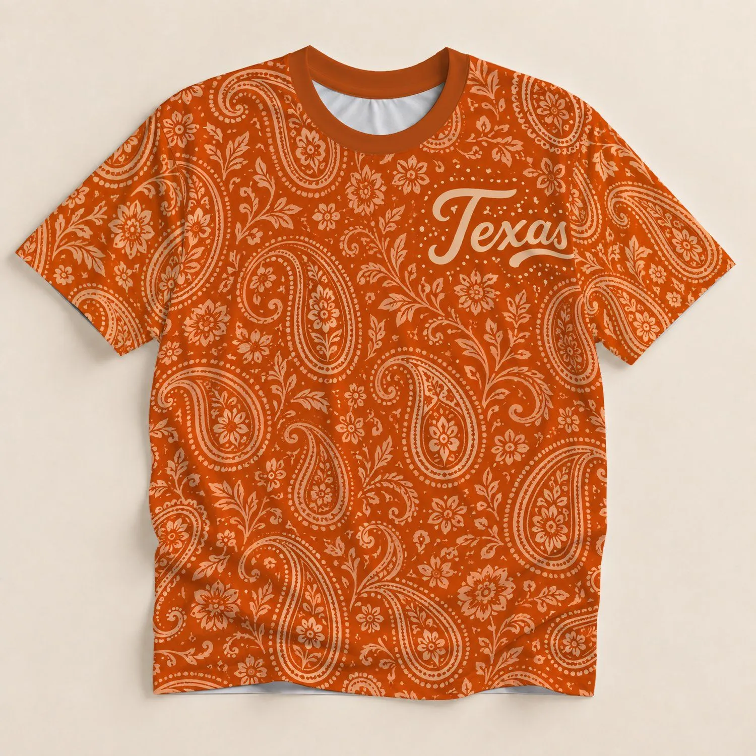 Burnt Orange Paisley With Texas Script for Western Country Getaways and Casual Days All-over Print Unisex T-shirt - 1