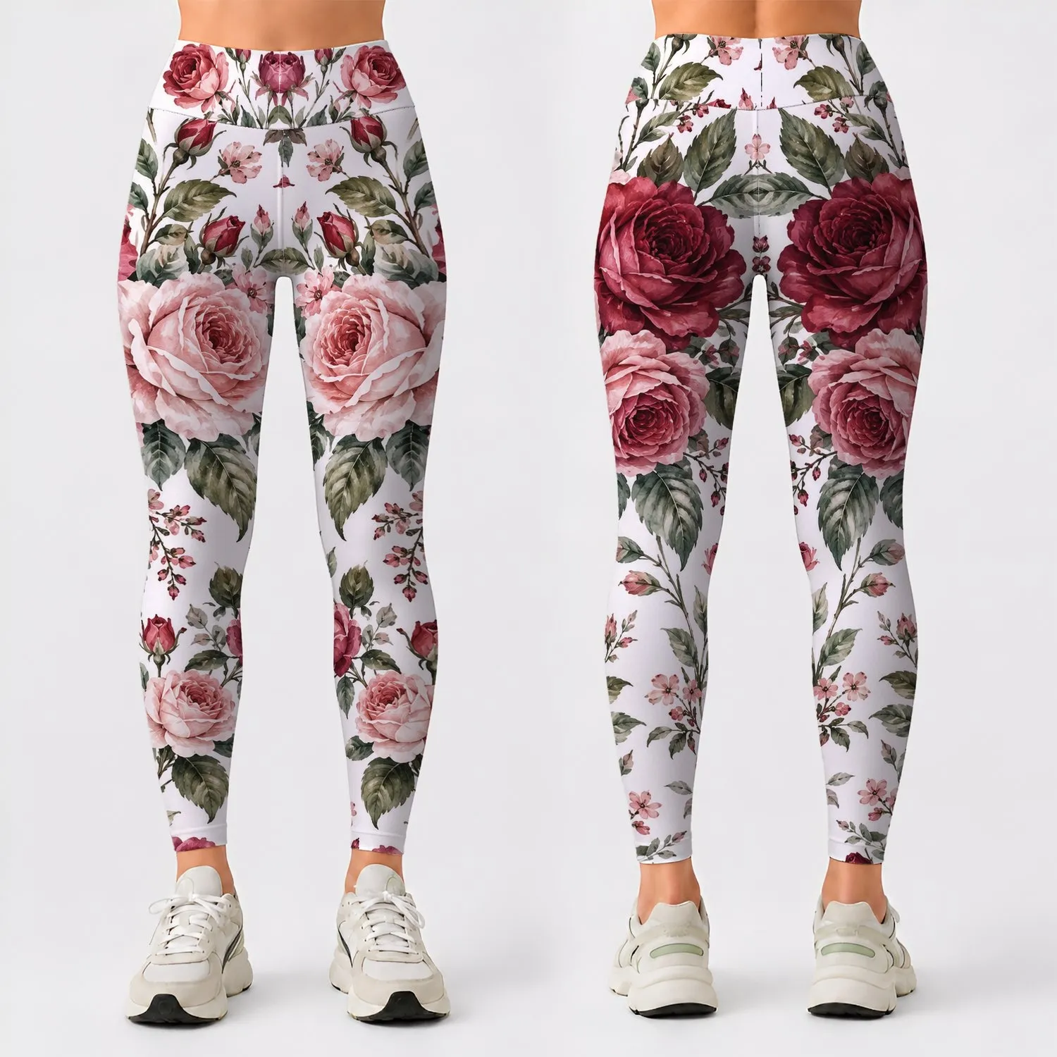 Rouge Rose Blossoms on Ivory for Garden Parties and Breezy Coastal Summer Getaways Leggings - 1