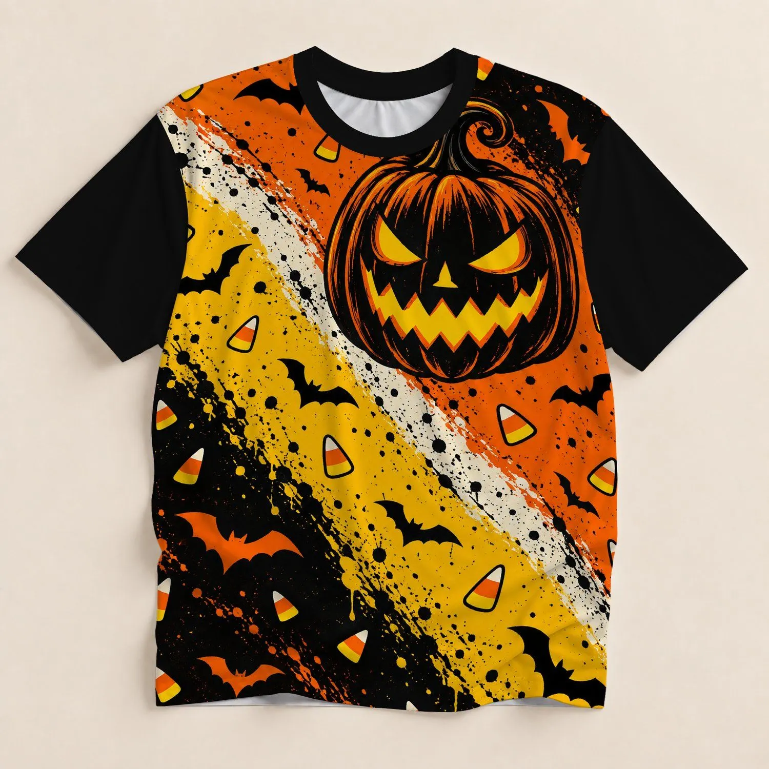 Candy Corn, Jack-o'-Lantern and Bat Halloween Party Style for Men and Autumn Celebrations All-over Print Unisex T-shirt - 1