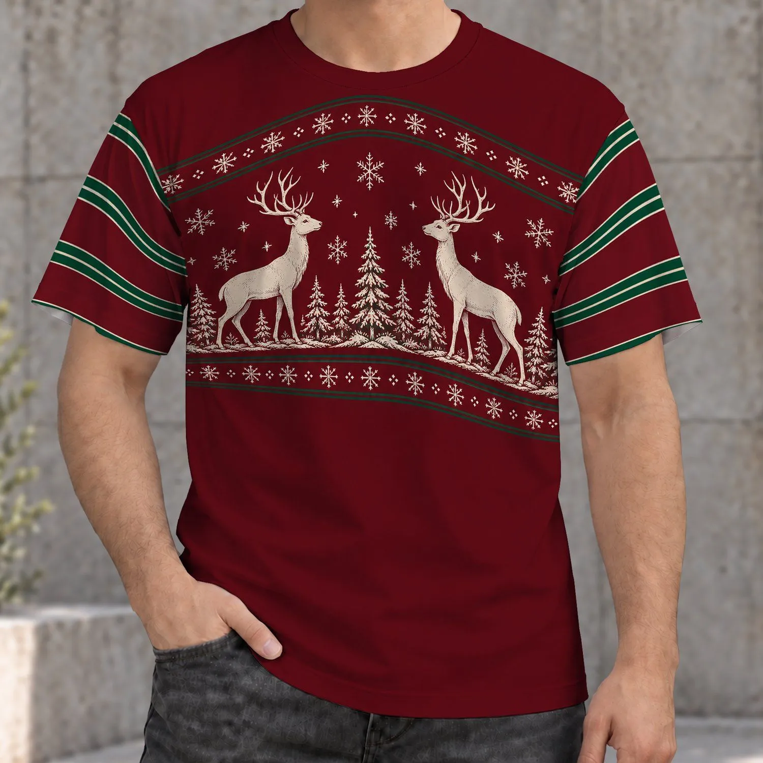 Ivory Reindeer and Snowflakes for Festive Christmas Gatherings and Winter Golf All-over Print Unisex T-shirt - 1