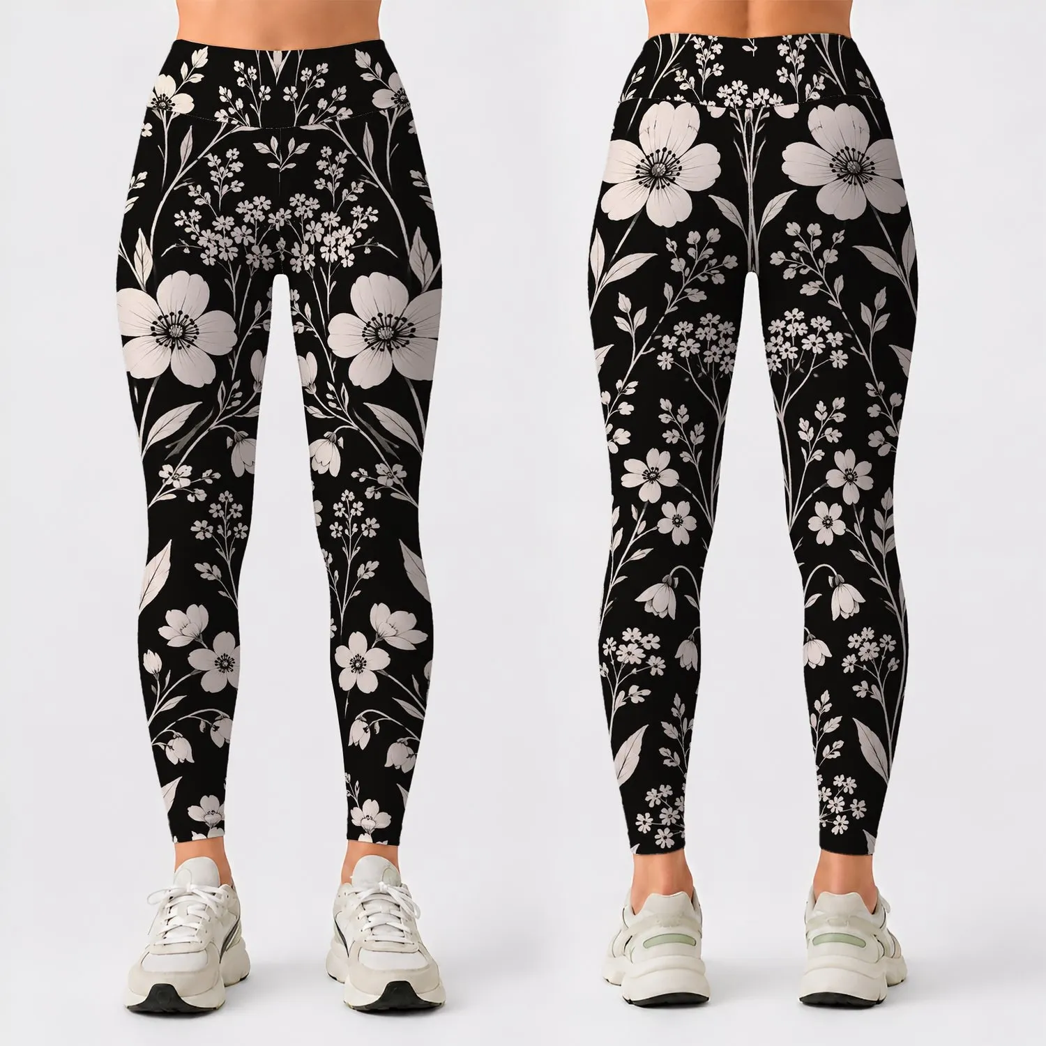 Ivory Wildflower Sprigs on Midnight Black for Everyday Casual Style and Weekend Layering Leggings - 1