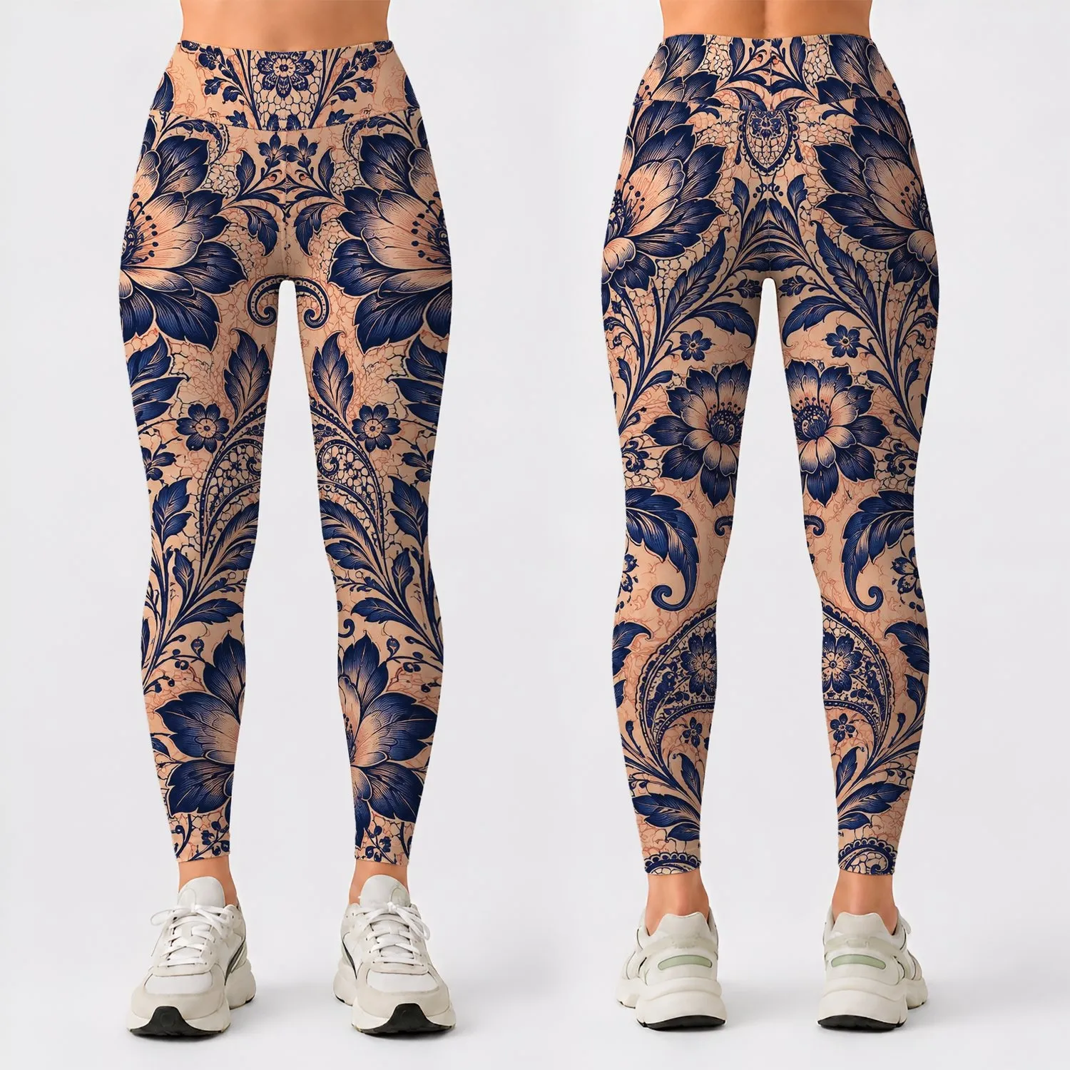 Navy Lace Florals and Paisley for Relaxed Weekend Strolls and Cozy Autumn Outings Leggings - 1