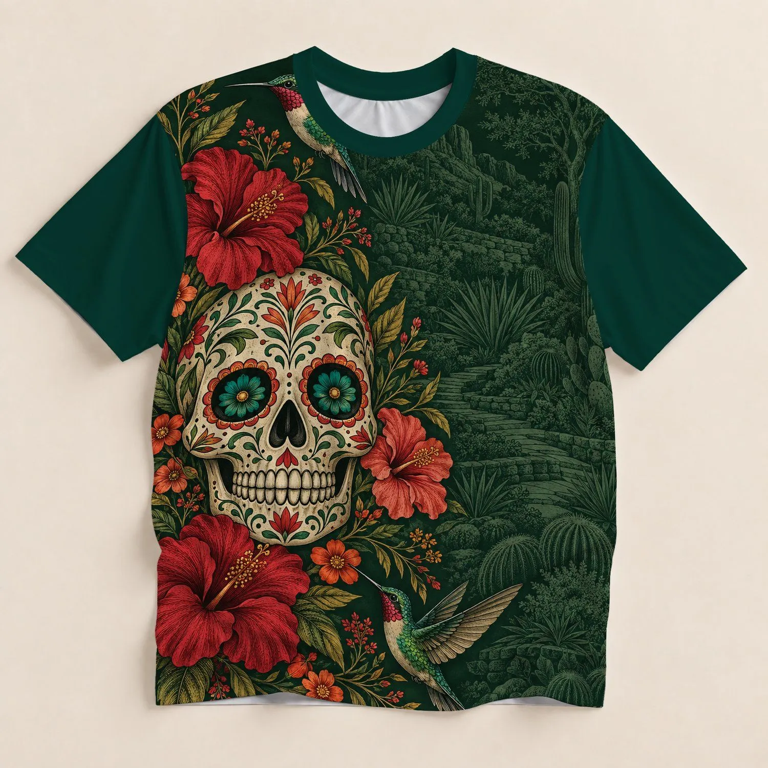 Sugar Skull Hummingbird Florals for Día de Muertos Celebrations and Nature Lovers All-over Print Unisex T-shirt - 1