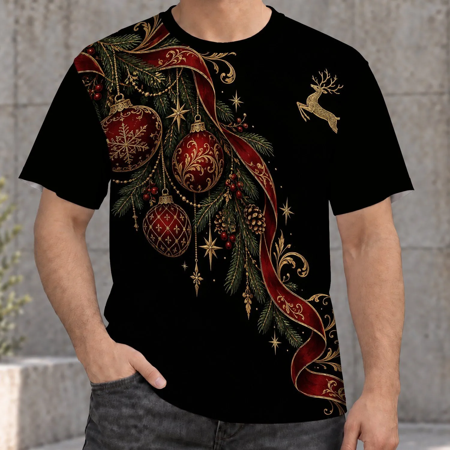 Golden Christmas Ornaments And Evergreen Scrolls For Festive Holiday Gatherings All-over Print Unisex T-shirt - 1