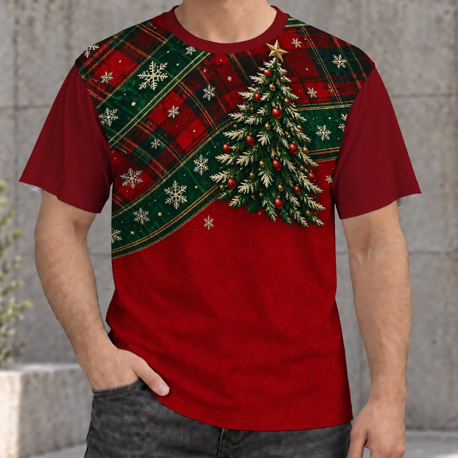 Red Green Tartan Snowflakes Christmas Tree Holiday Cheer for Festive Winter Celebrations All-over Print Unisex T-shirt - 1