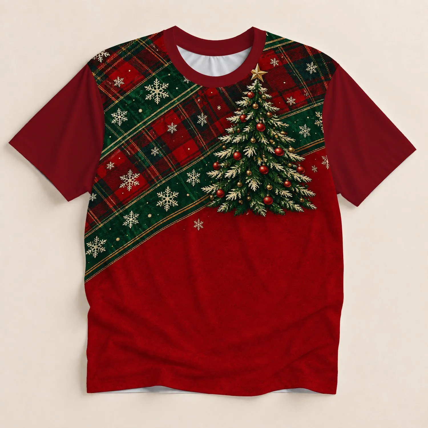 Red Green Tartan Snowflakes Christmas Tree Holiday Cheer for Festive Winter Celebrations All-over Print Unisex T-shirt - 1