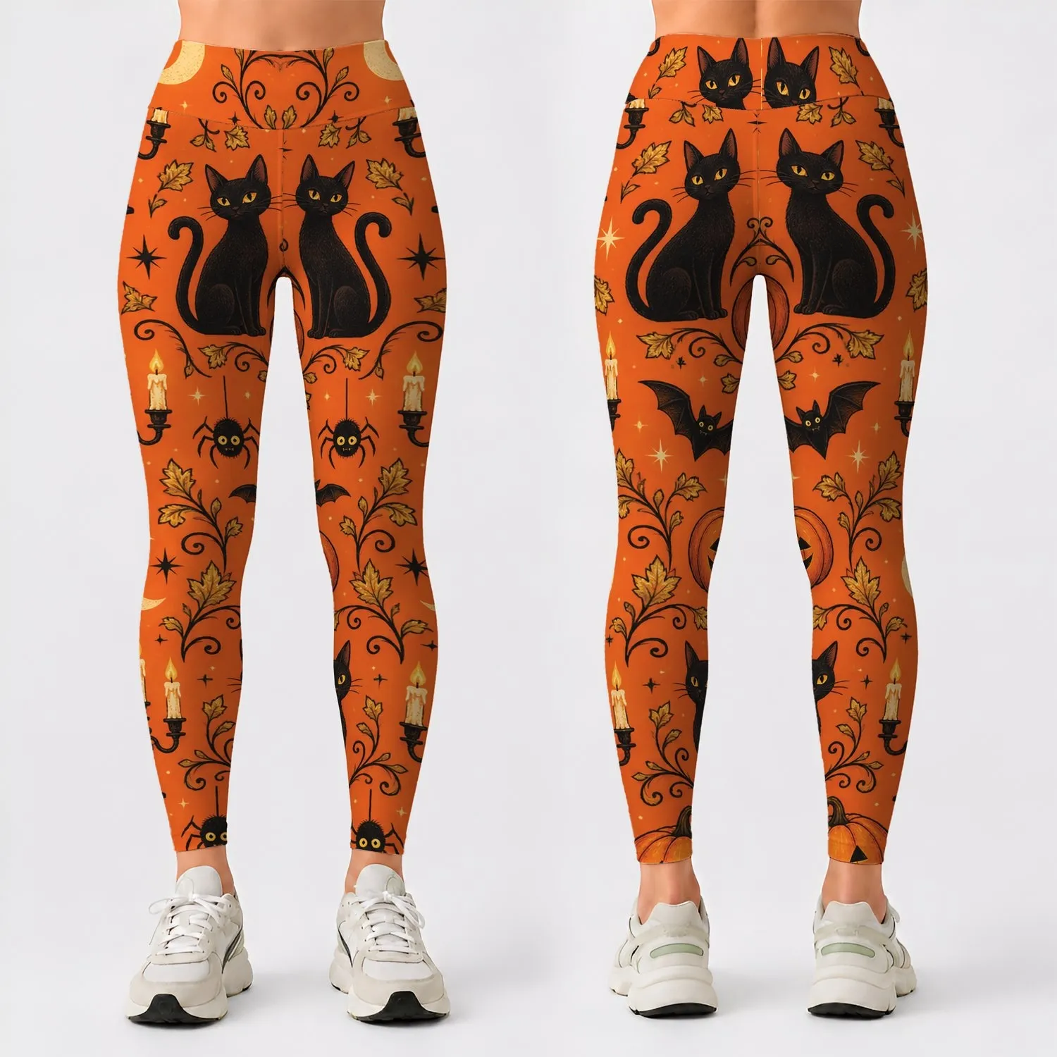 Playful Bats, Pumpkins And Candles For Spooky Season And Halloween Festivities Leggings - 1