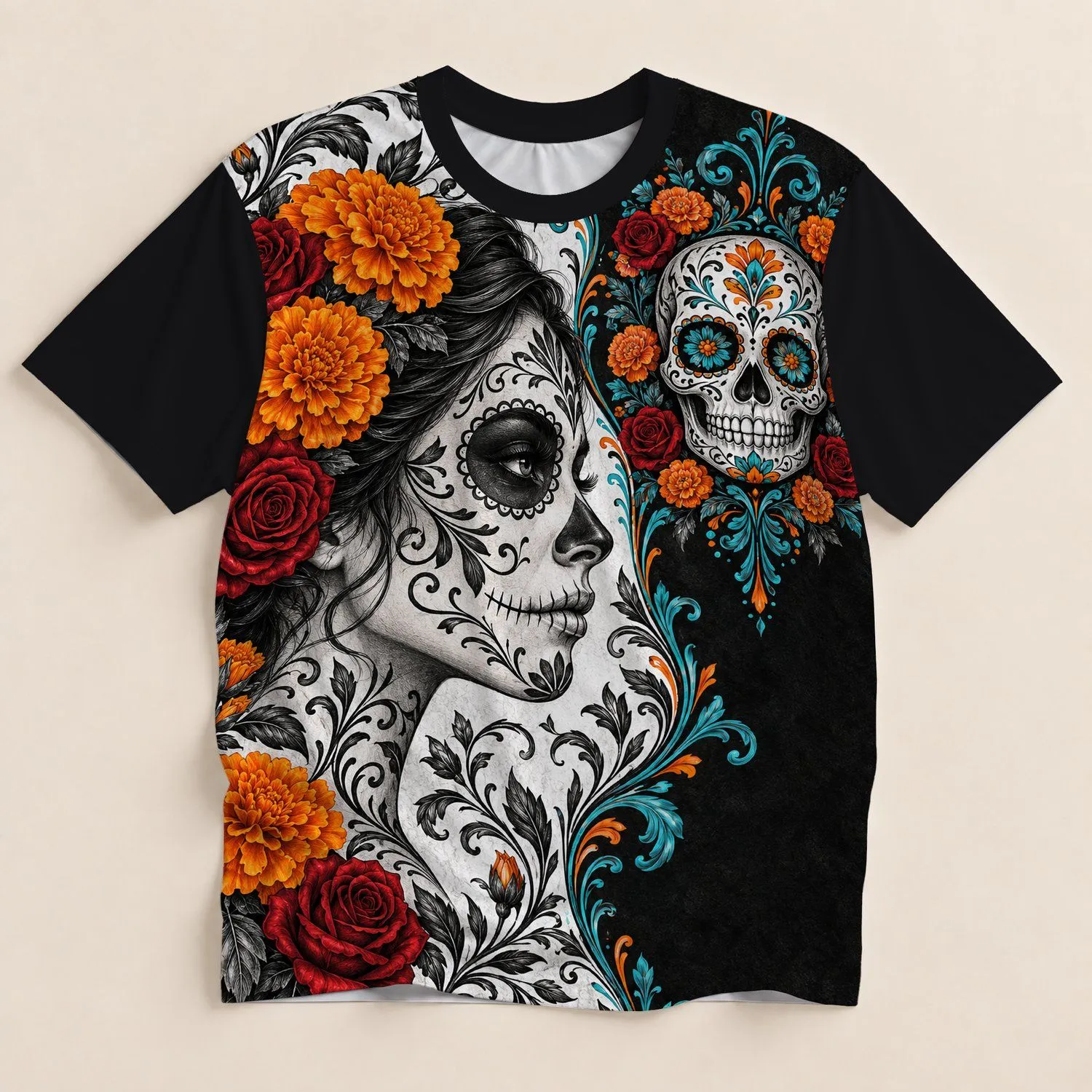 Sugar Skull Woman and Floral Calavera for Day of the Dead Celebrations All-over Print Unisex T-shirt - 1