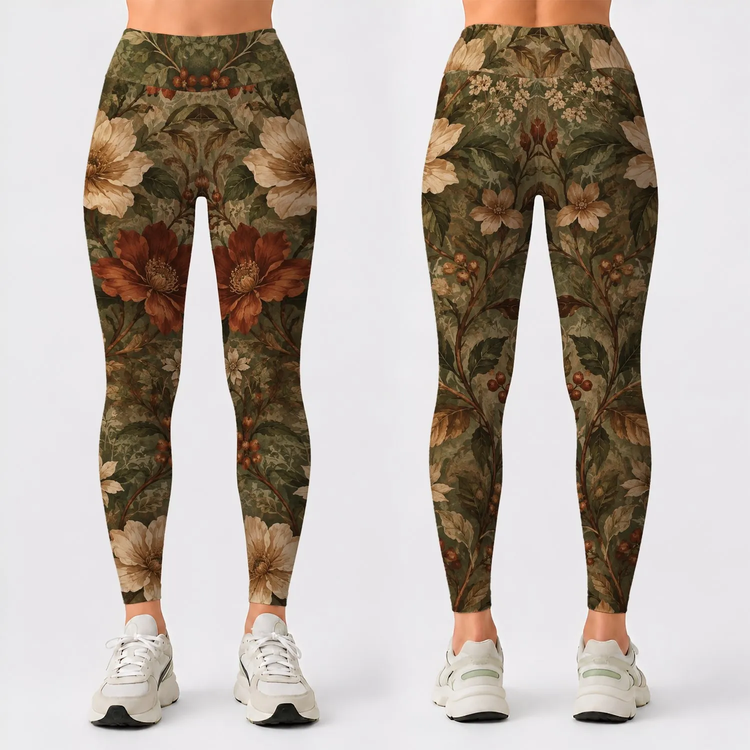 Olive And Rust Botanical Blooms For Casual Weekends And Everyday Women's Wardrobe Style Leggings - 1