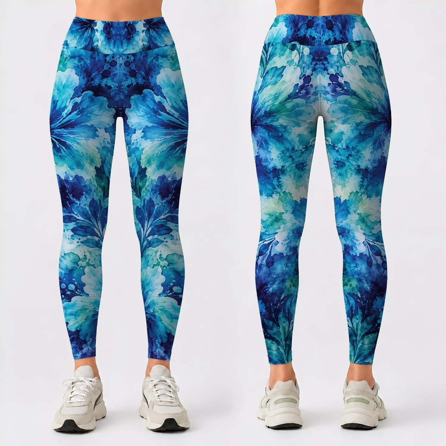 Ocean Blue Floral Tie-Dye Colors for Yoga, Travel, and Everyday Wellness Lifestyle Leggings - 1