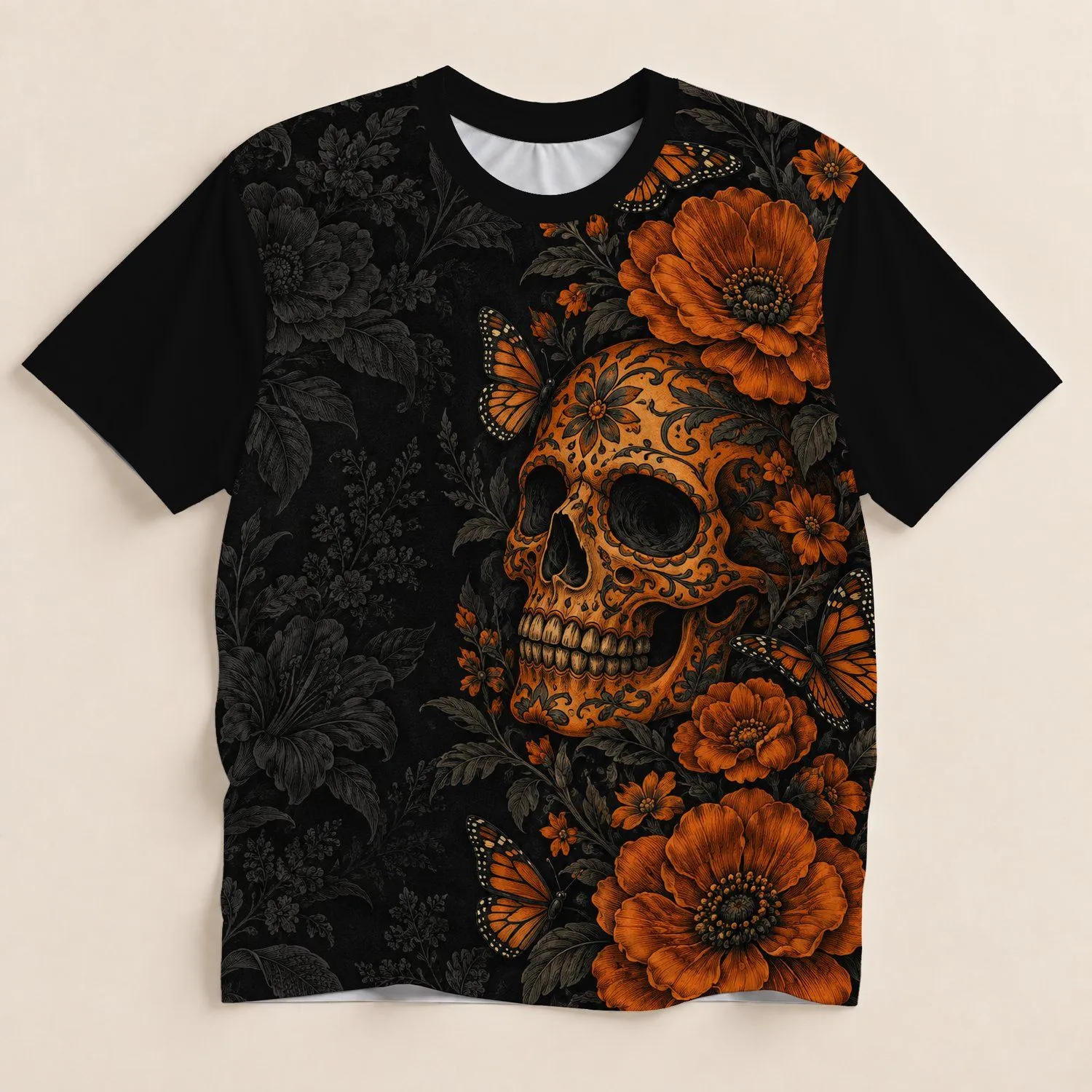 Orange Sugar Skull Butterfly Florals for Gothic Nights and Alternative Everyday Style All-over Print Unisex T-shirt - 1