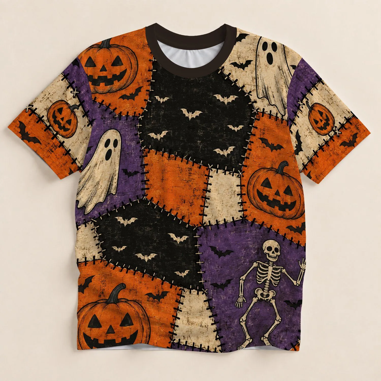 Halloween Pumpkin Ghost Bat Skeleton Patchwork for Spooky Autumn Party Celebrations All-over Print Unisex T-shirt - 1