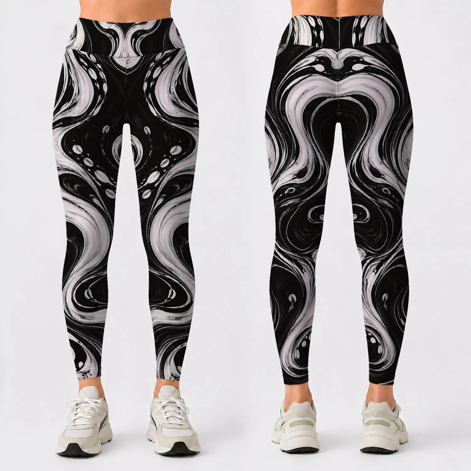 Black And White Fluid Swirl Motif For Modern Minimalist Style And Everyday Wardrobe Leggings - 1