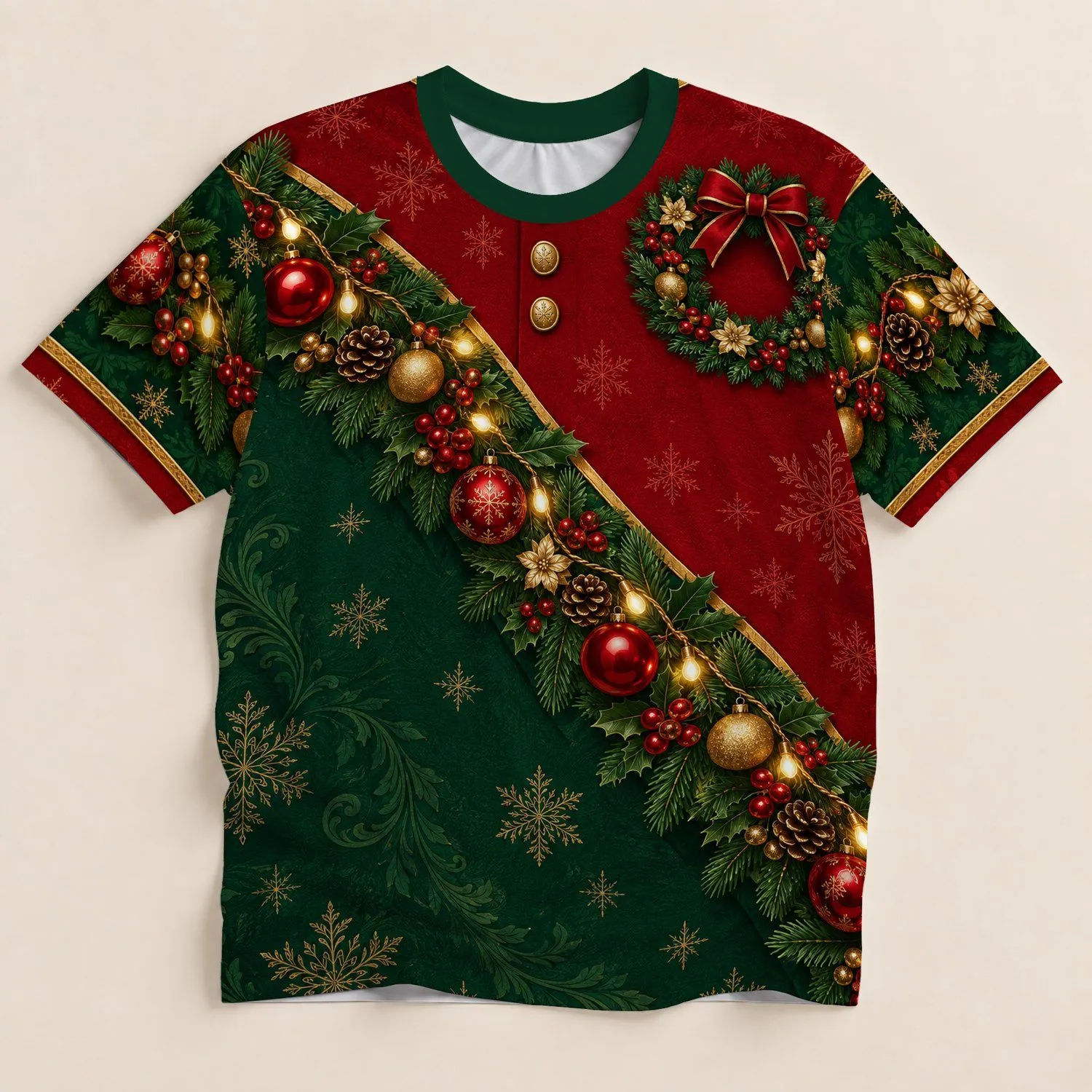 Evergreen Wreath and Ornament Details for Christmas Parties and Holiday Gatherings All-over Print Unisex T-shirt - 1