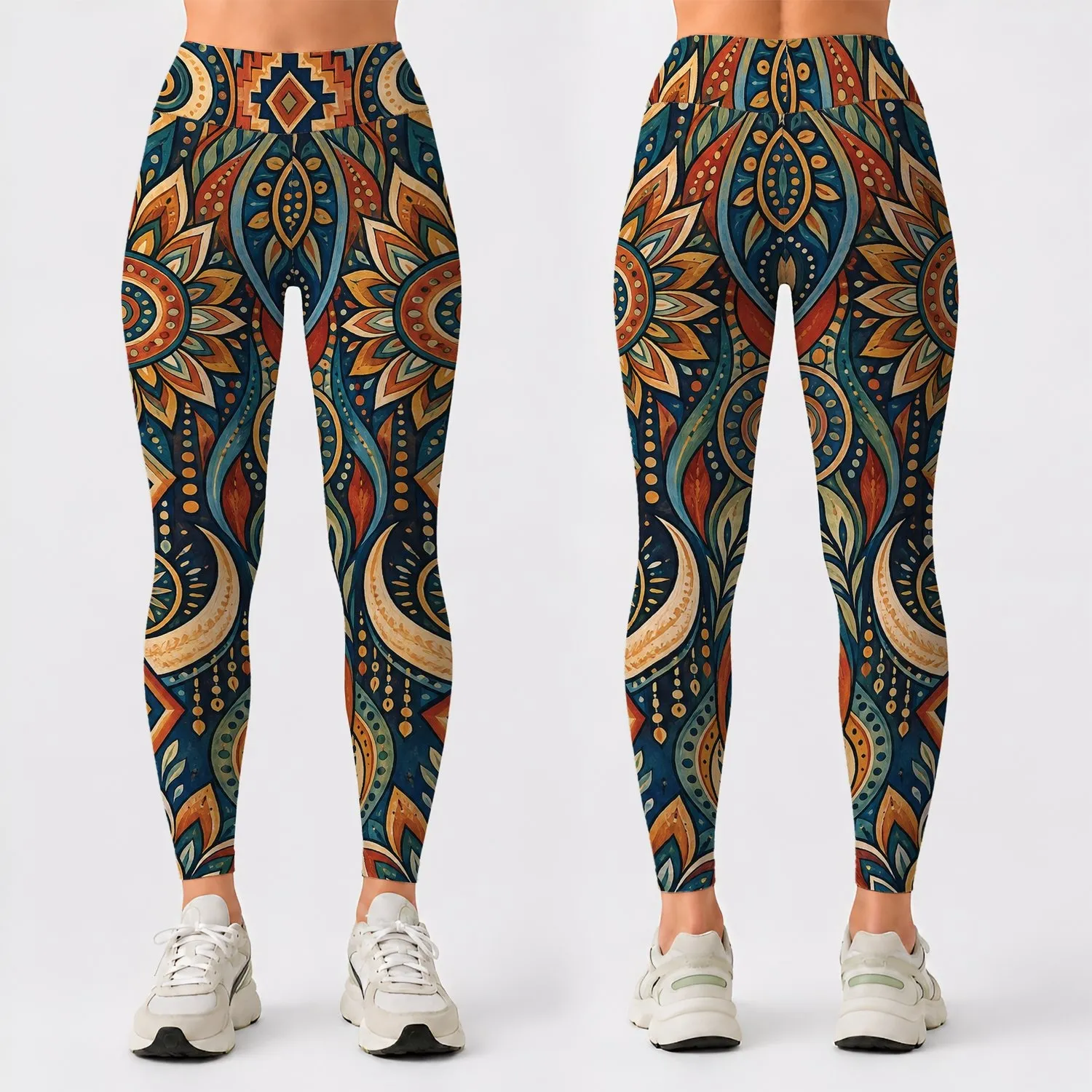 Rust Turquoise Bohemian Geometry for Festival Style and Everyday Casual Wear Leggings - 1