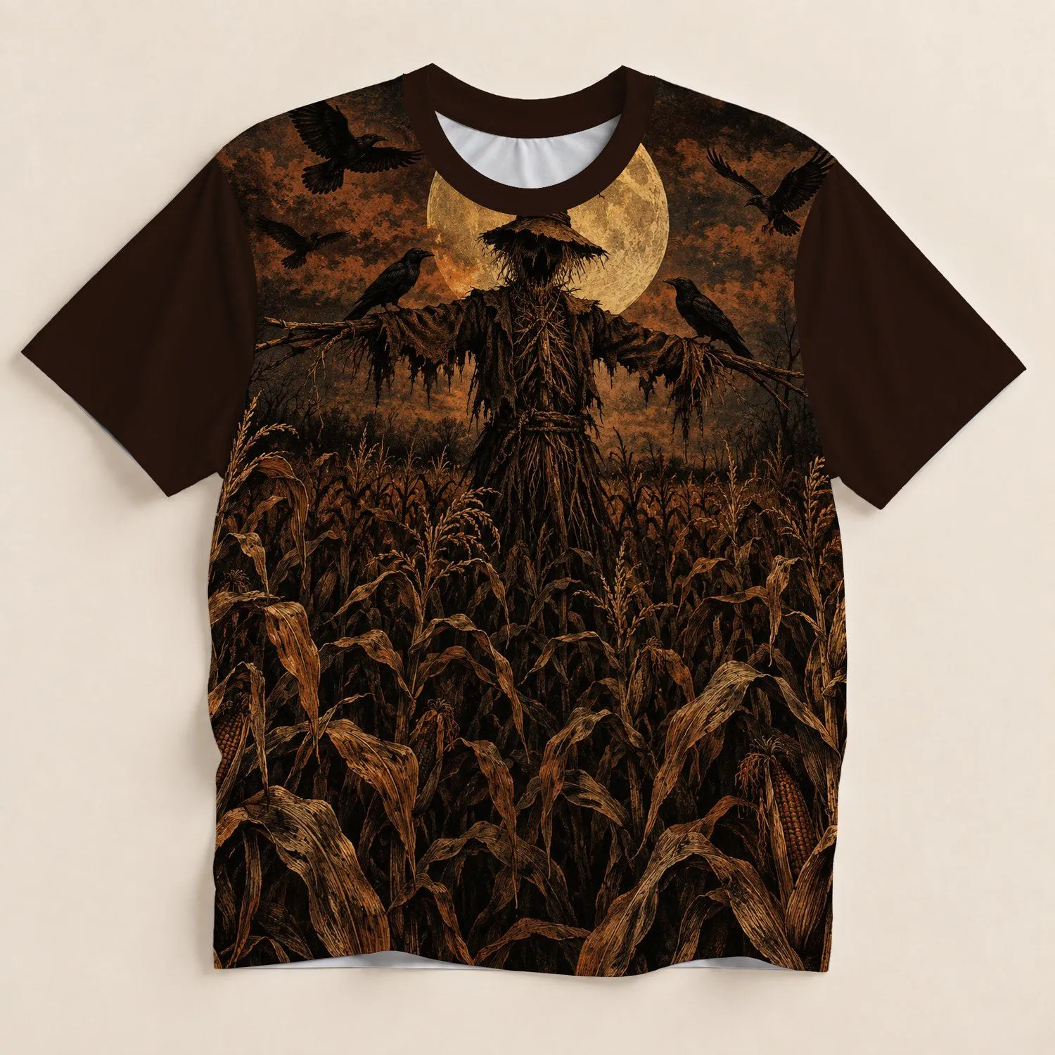 Haunted Cornfield Scarecrow and Crows for Halloween Fall Nights, Rustic Rural Style All-over Print Unisex T-shirt - 1