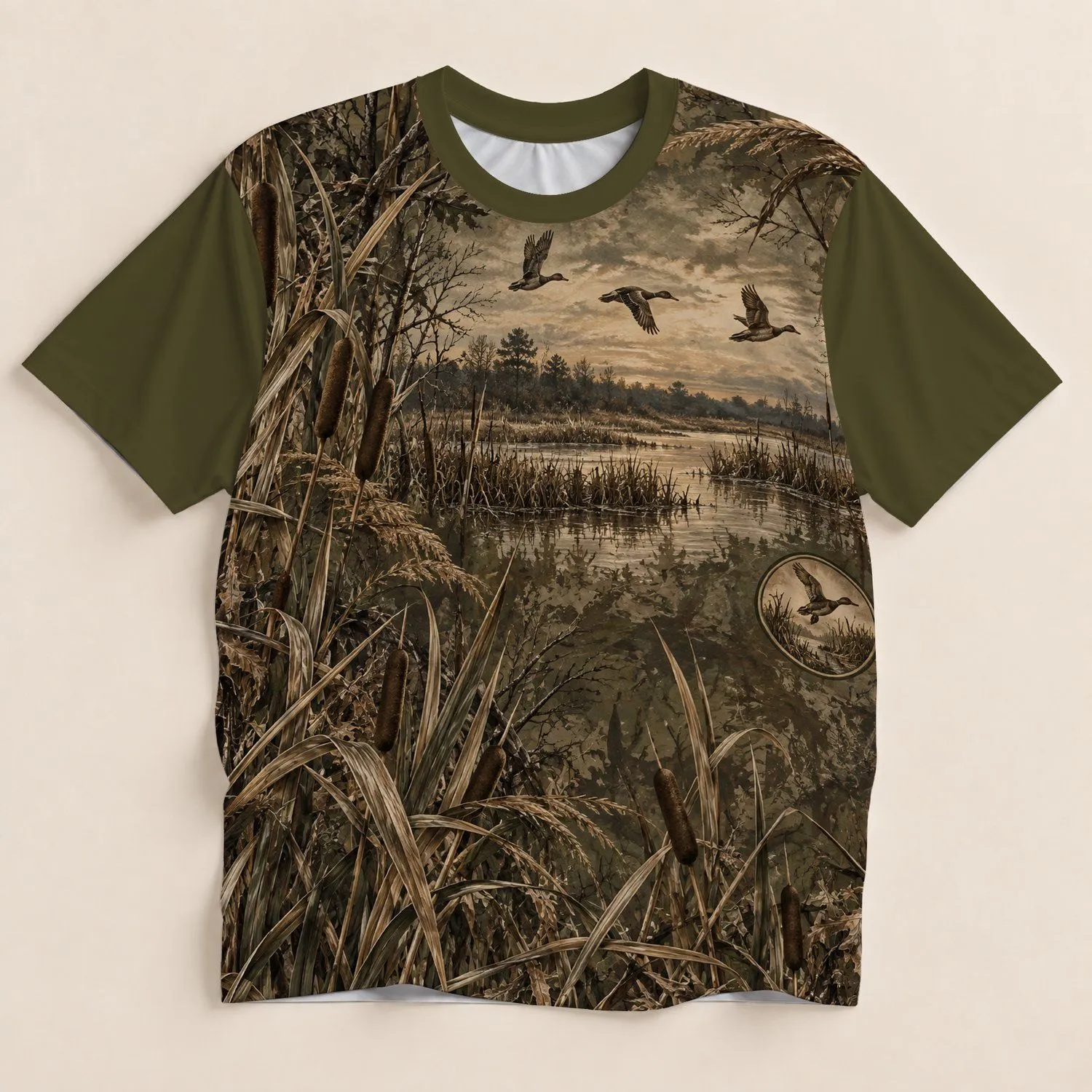 Marshland Duck Camouflage for Hunting, Fishing and Outdoor Wildlife Field Adventures All-over Print Unisex T-shirt - 1