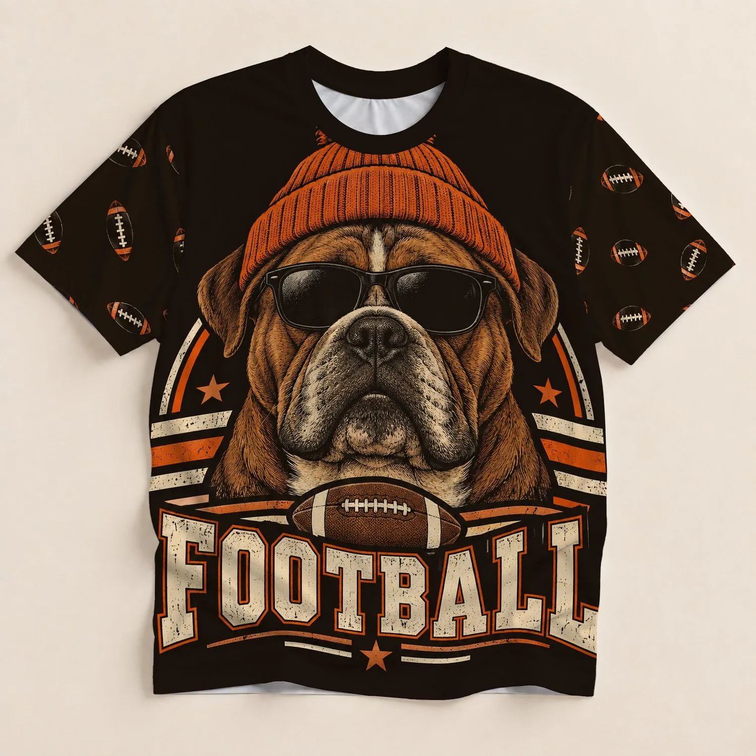 Brown Bulldog Football Fan With Orange Beanie for Game Day and Weekend Style All-over Print Unisex T-shirt - 1