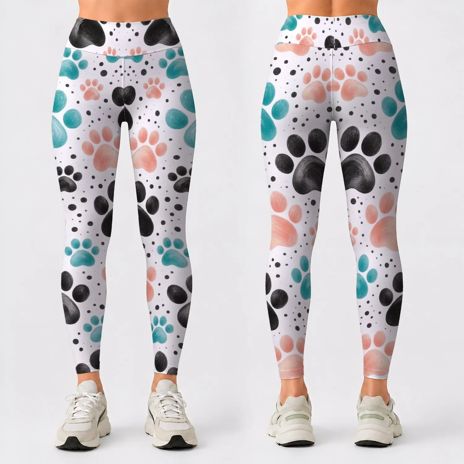 Puppy Paw Motifs in Blush and Teal for Casual Pet Lover Style Leggings - 1