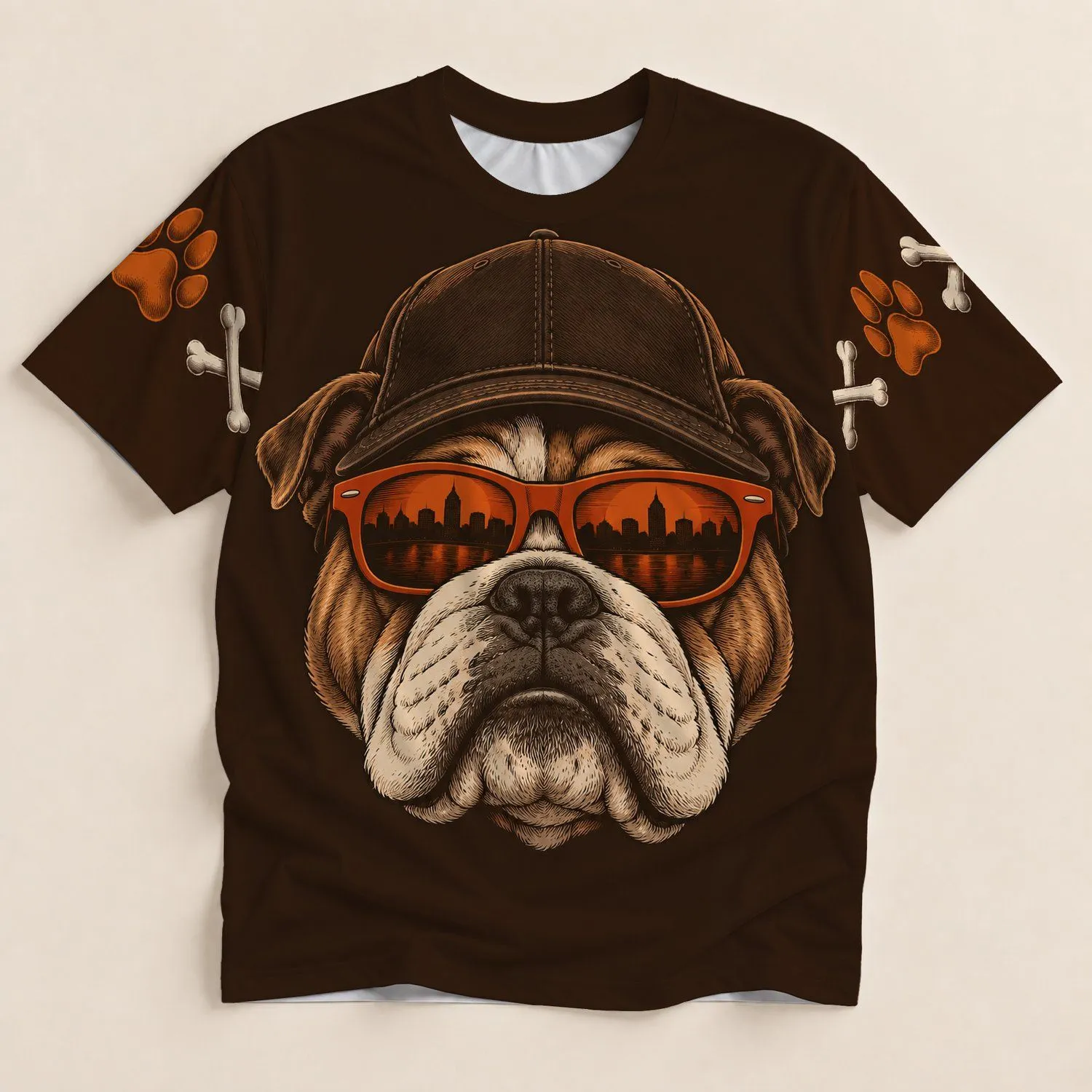 Bulldog City Skyline Sunglasses Art For Game Day And Urban Casual Style All-over Print Unisex T-shirt - 1