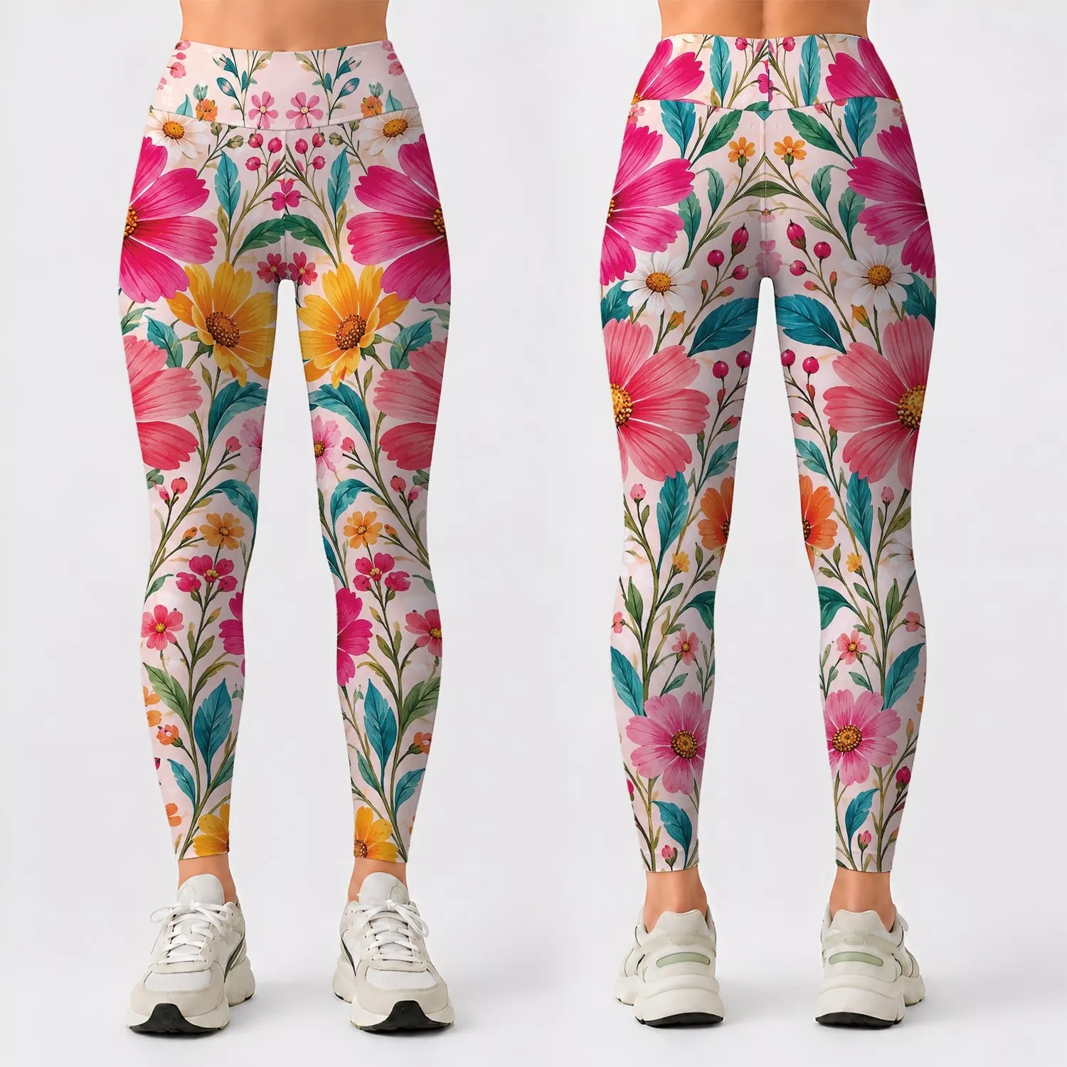 Vibrant Pink Daisy Garden Blooms for Casual Commuting and Sunny Weekend Style Leggings - 1