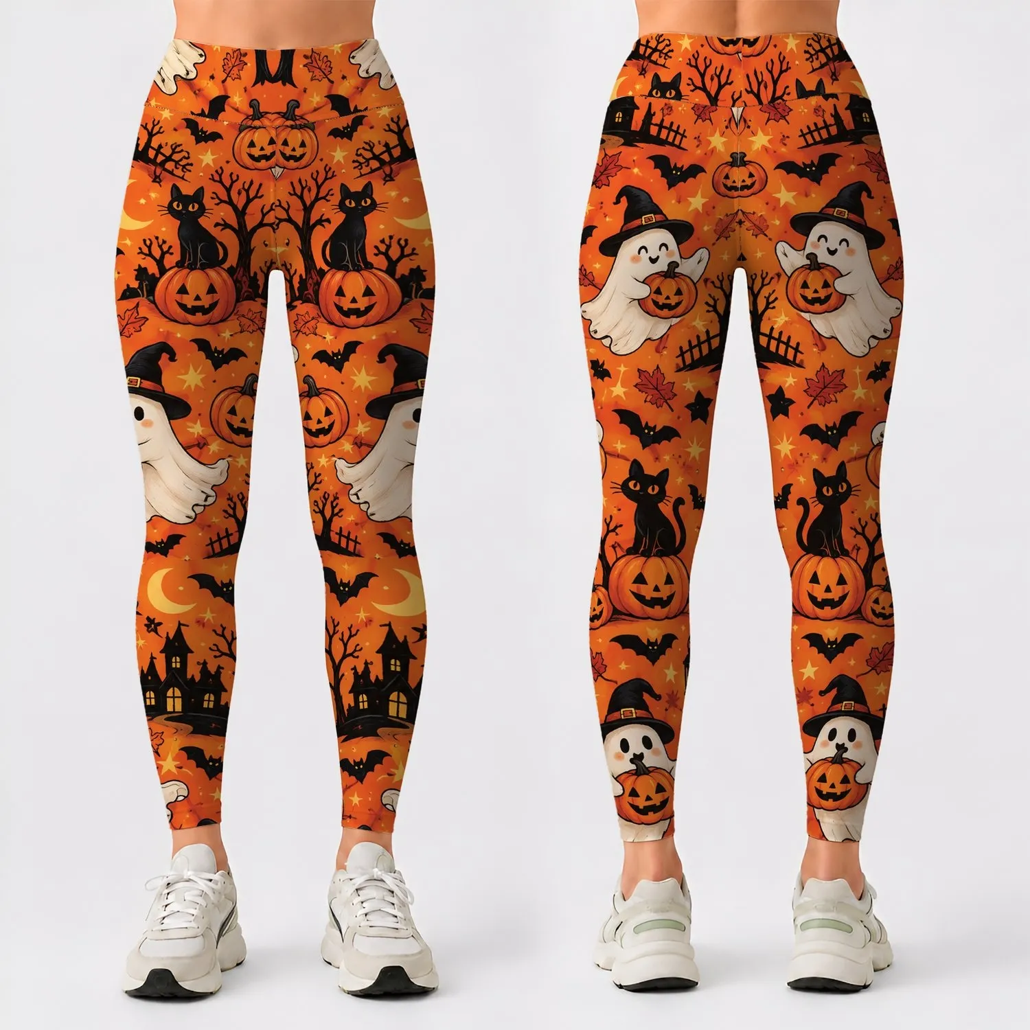 Witch Hat Ghosts And Jack O Lanterns For Halloween Festivities Leggings - 1