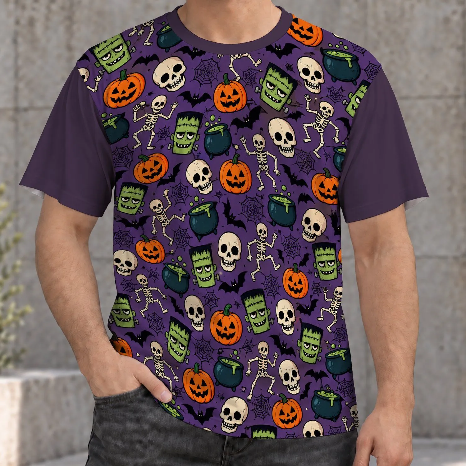 Halloween Skull Pumpkin Cauldron Motifs for Spooky October Parties and Cosplay All-over Print Unisex T-shirt - 1