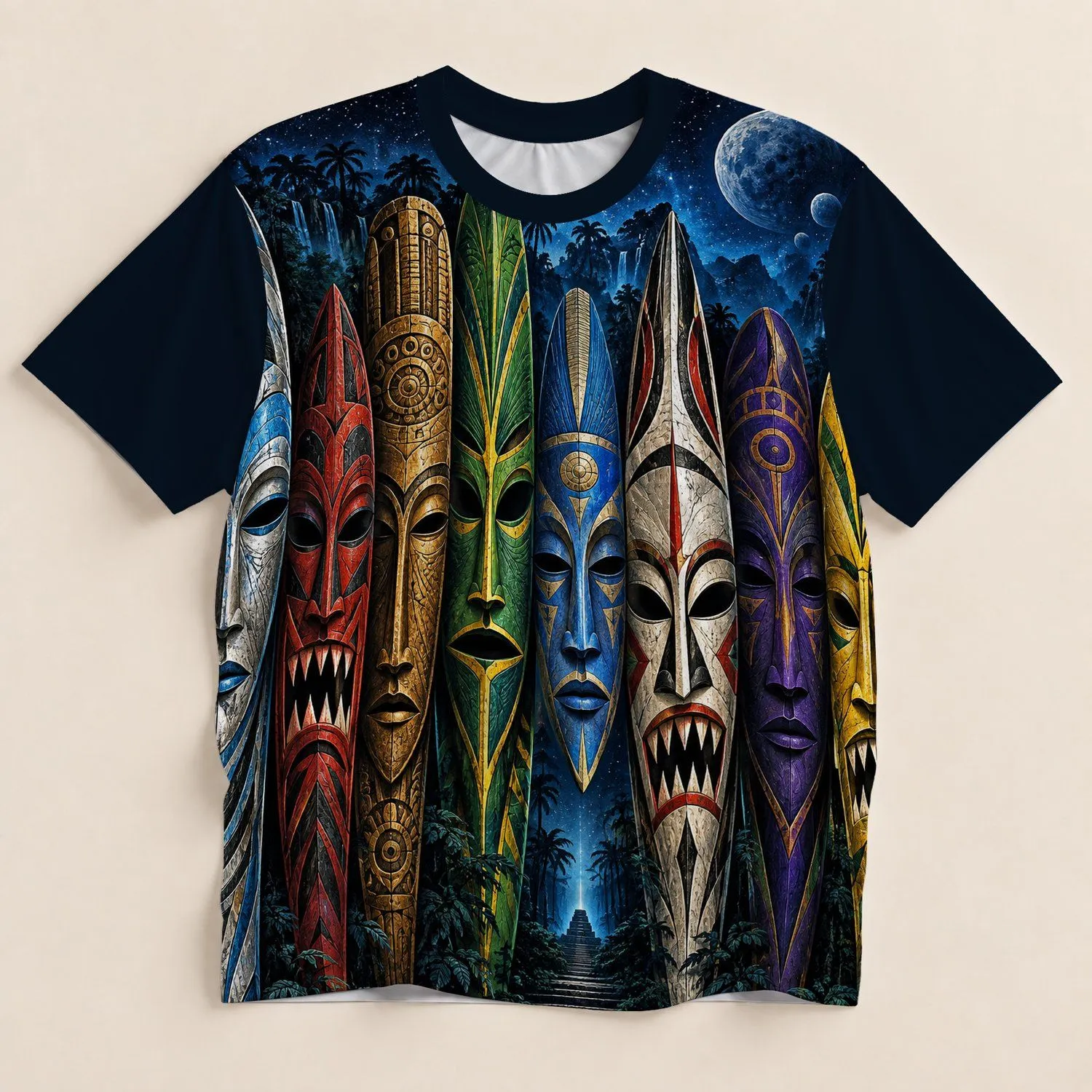 Colorful Ceremonial Mask Collage for Festival Nights and Bold Everyday Style All-over Print Unisex T-shirt - 1