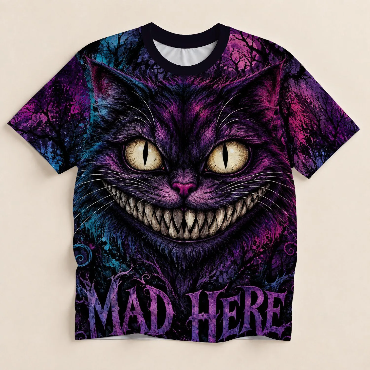 Grinning Purple Cat with Golden Eyes for Halloween Parties and Whimsical Events All-over Print Unisex T-shirt - 1